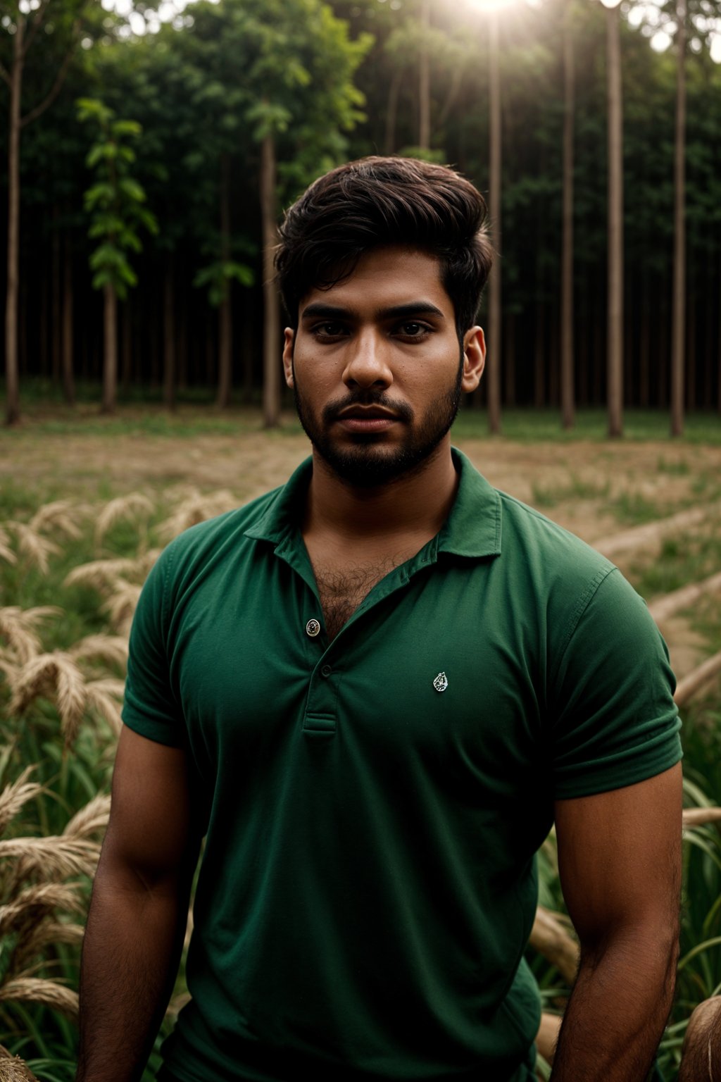 man outside in nature in forest or jungle or a field of wheat enjoying the natural world