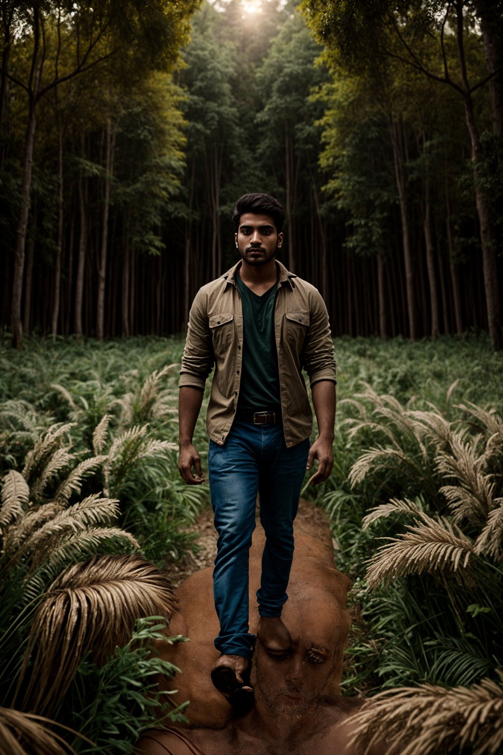 man outside in nature in forest or jungle or a field of wheat enjoying the natural world