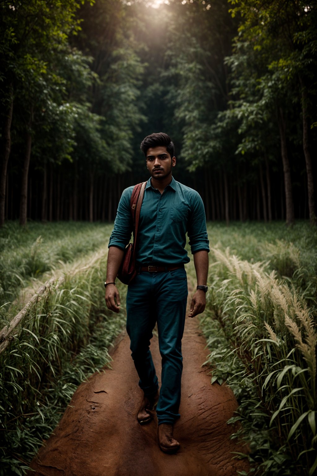 man outside in nature in forest or jungle or a field of wheat enjoying the natural world