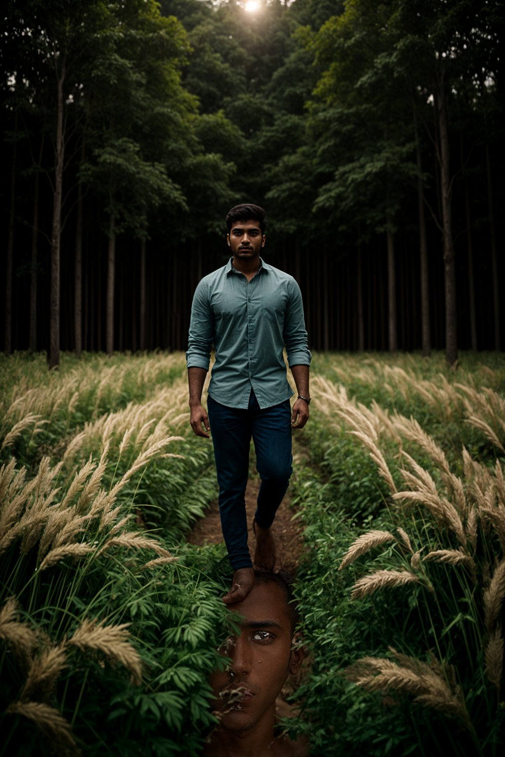 man outside in nature in forest or jungle or a field of wheat enjoying the natural world