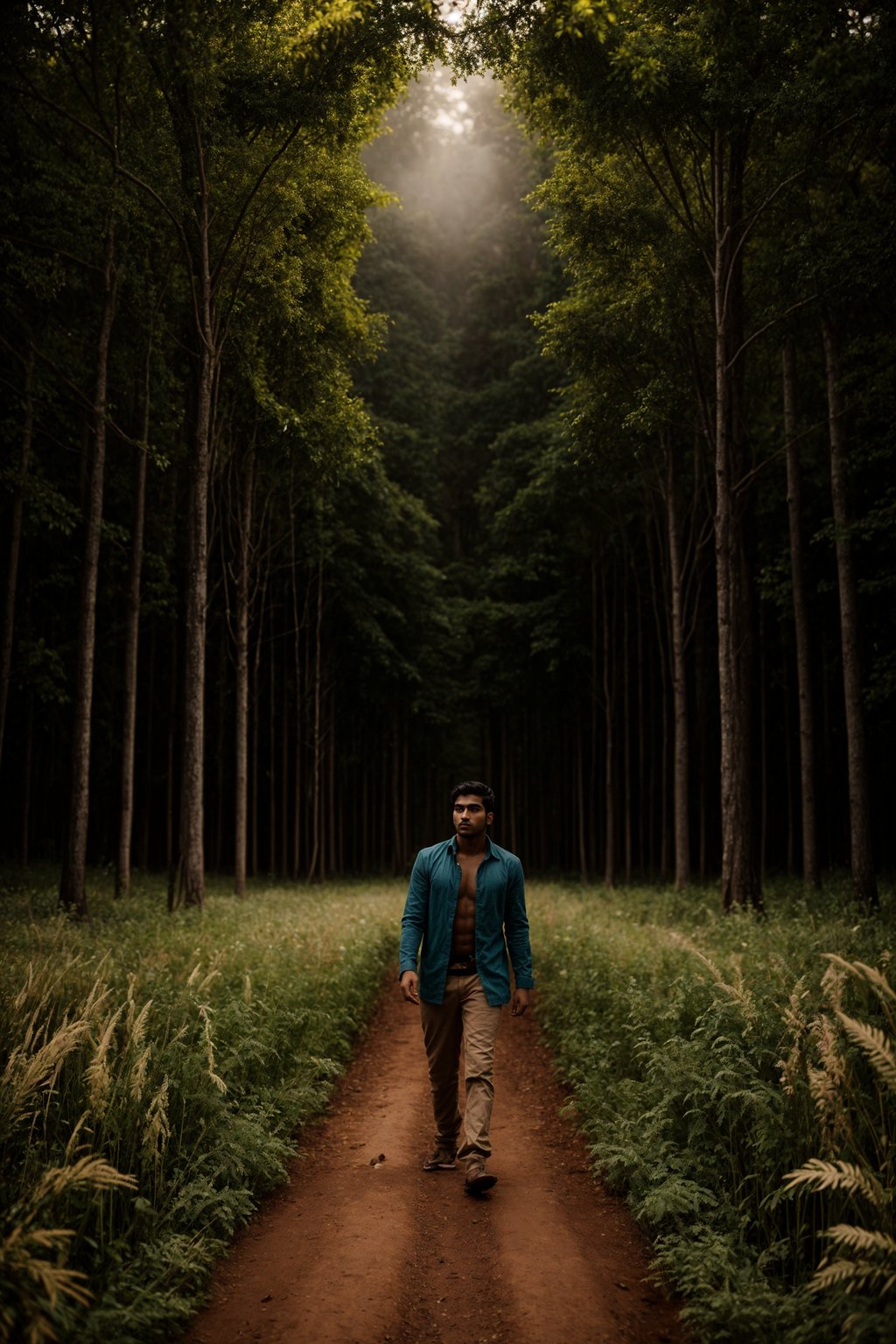 man outside in nature in forest or jungle or a field of wheat enjoying the natural world