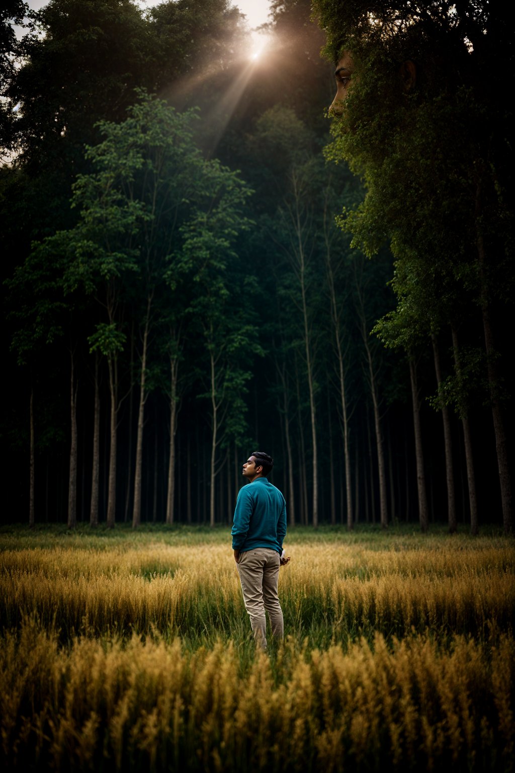 man outside in nature in forest or jungle or a field of wheat enjoying the natural world