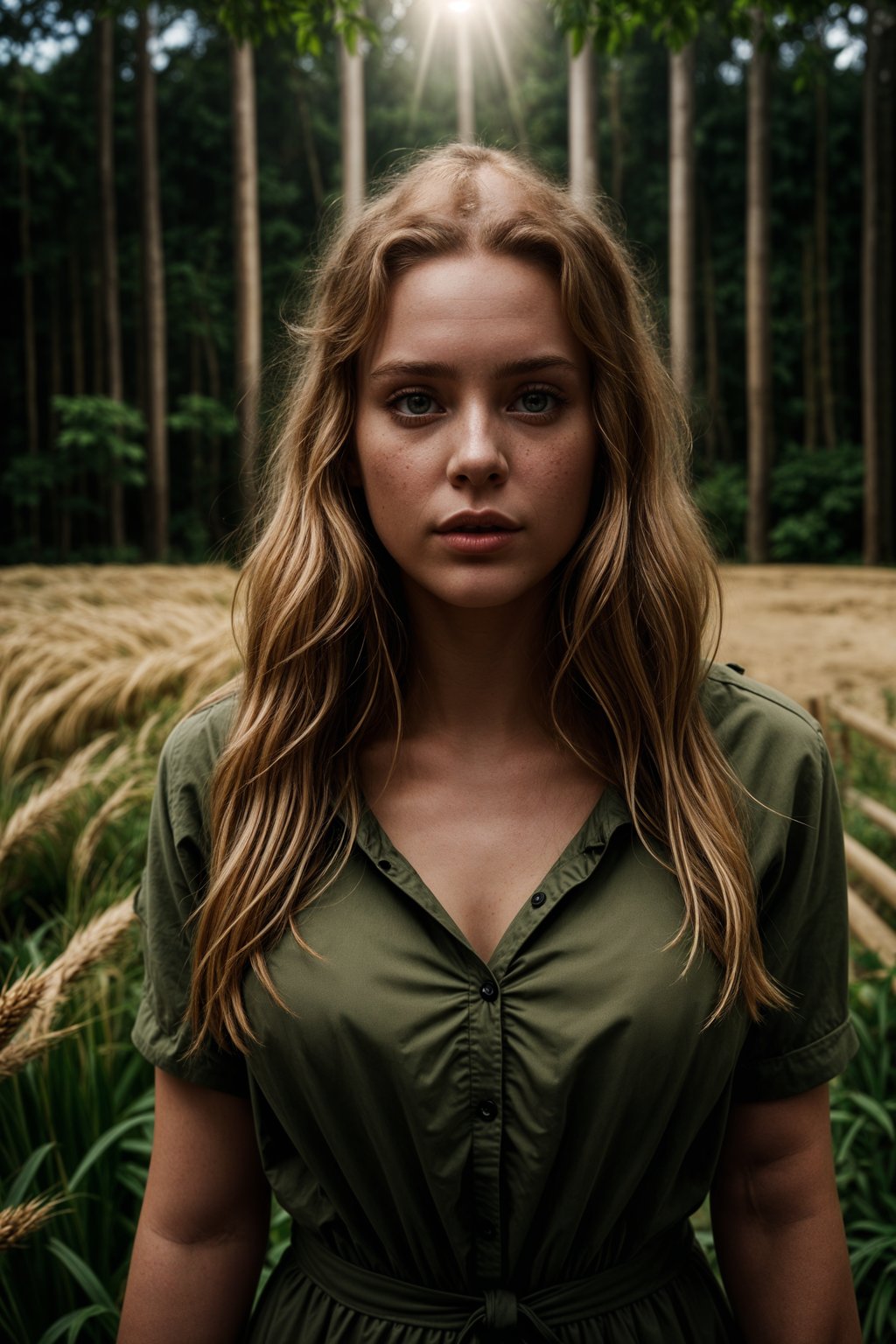 woman outside in nature in forest or jungle or a field of wheat enjoying the natural world