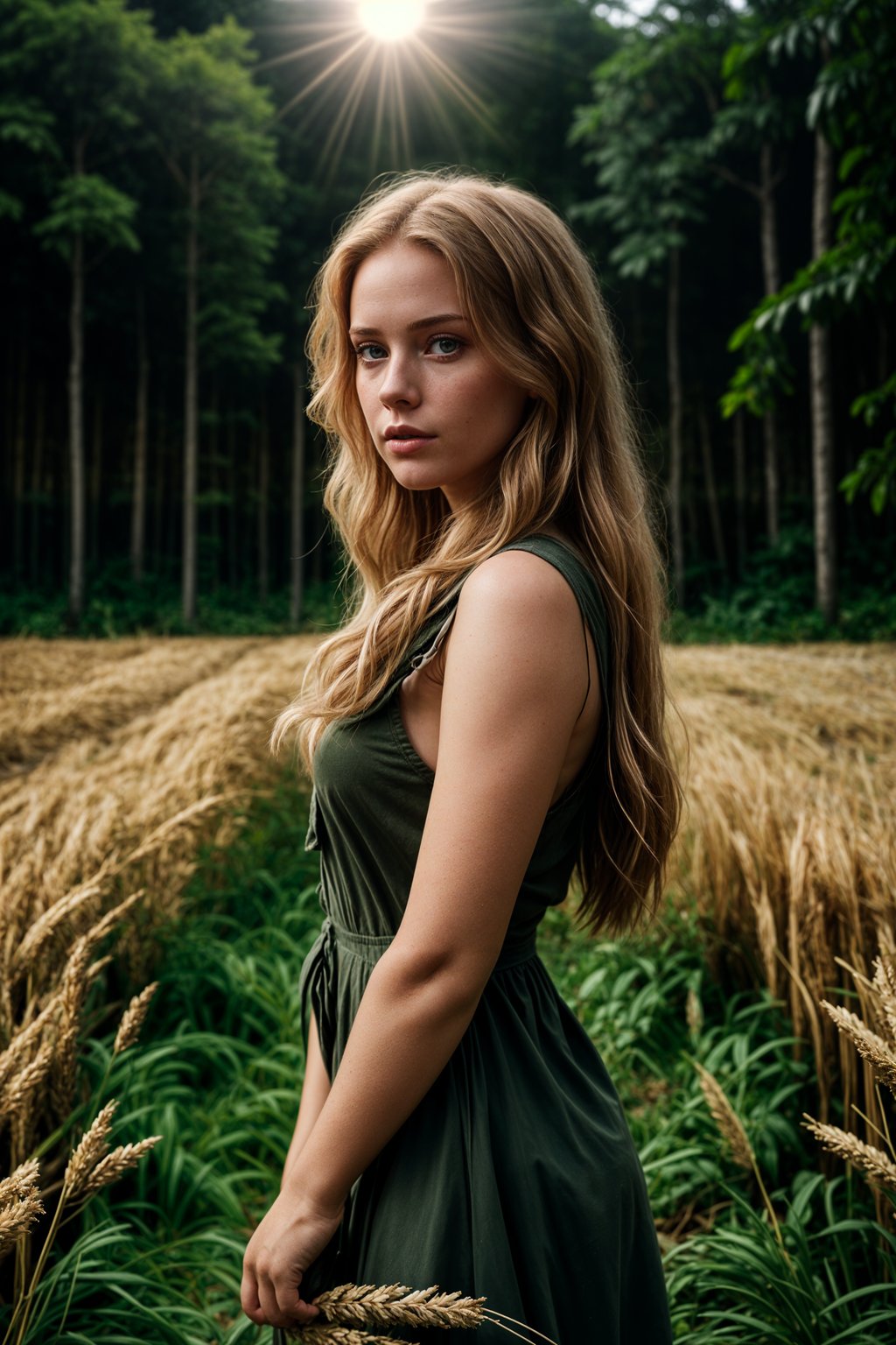 woman outside in nature in forest or jungle or a field of wheat enjoying the natural world