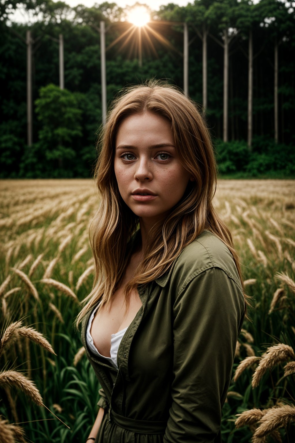 woman outside in nature in forest or jungle or a field of wheat enjoying the natural world