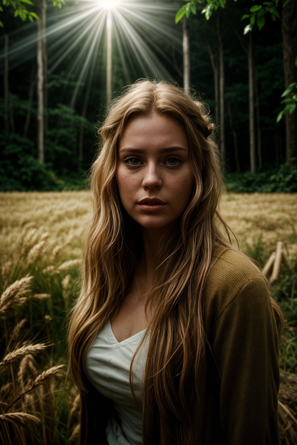 woman outside in nature in forest or jungle or a field of wheat enjoying the natural world