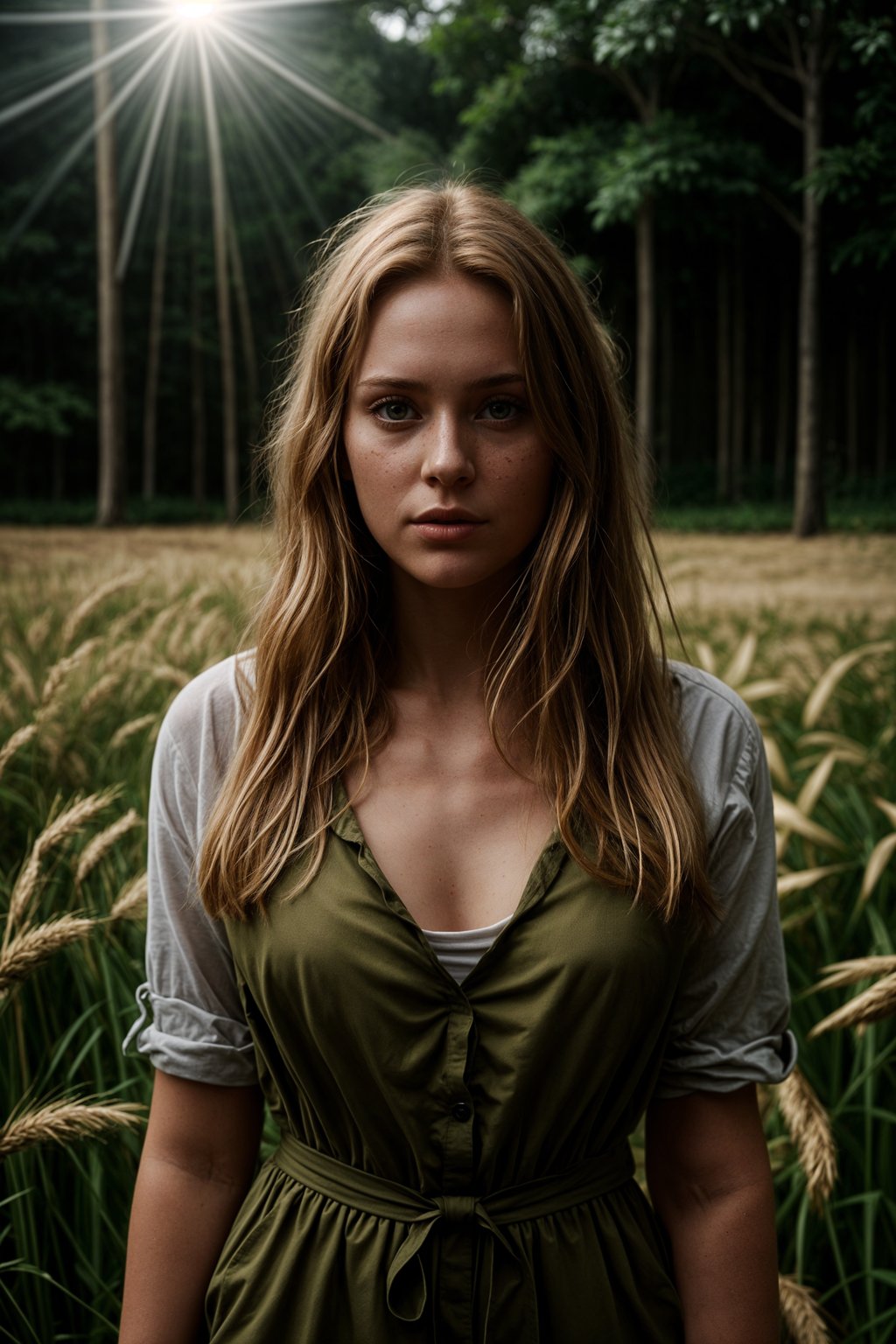 woman outside in nature in forest or jungle or a field of wheat enjoying the natural world