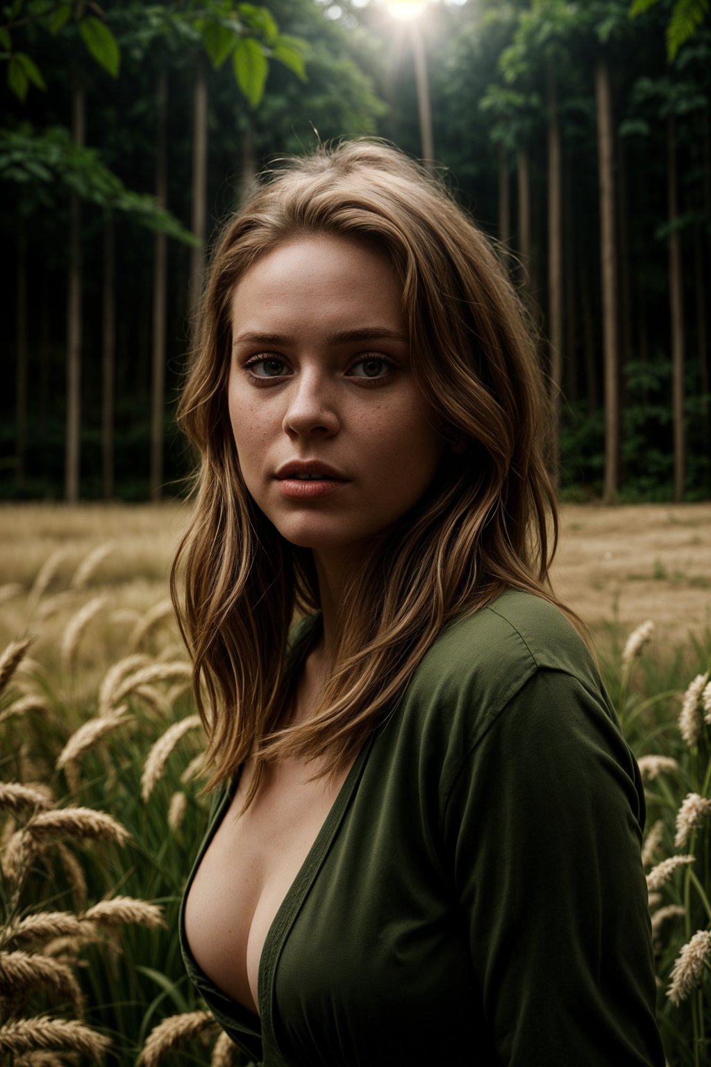 woman outside in nature in forest or jungle or a field of wheat enjoying the natural world