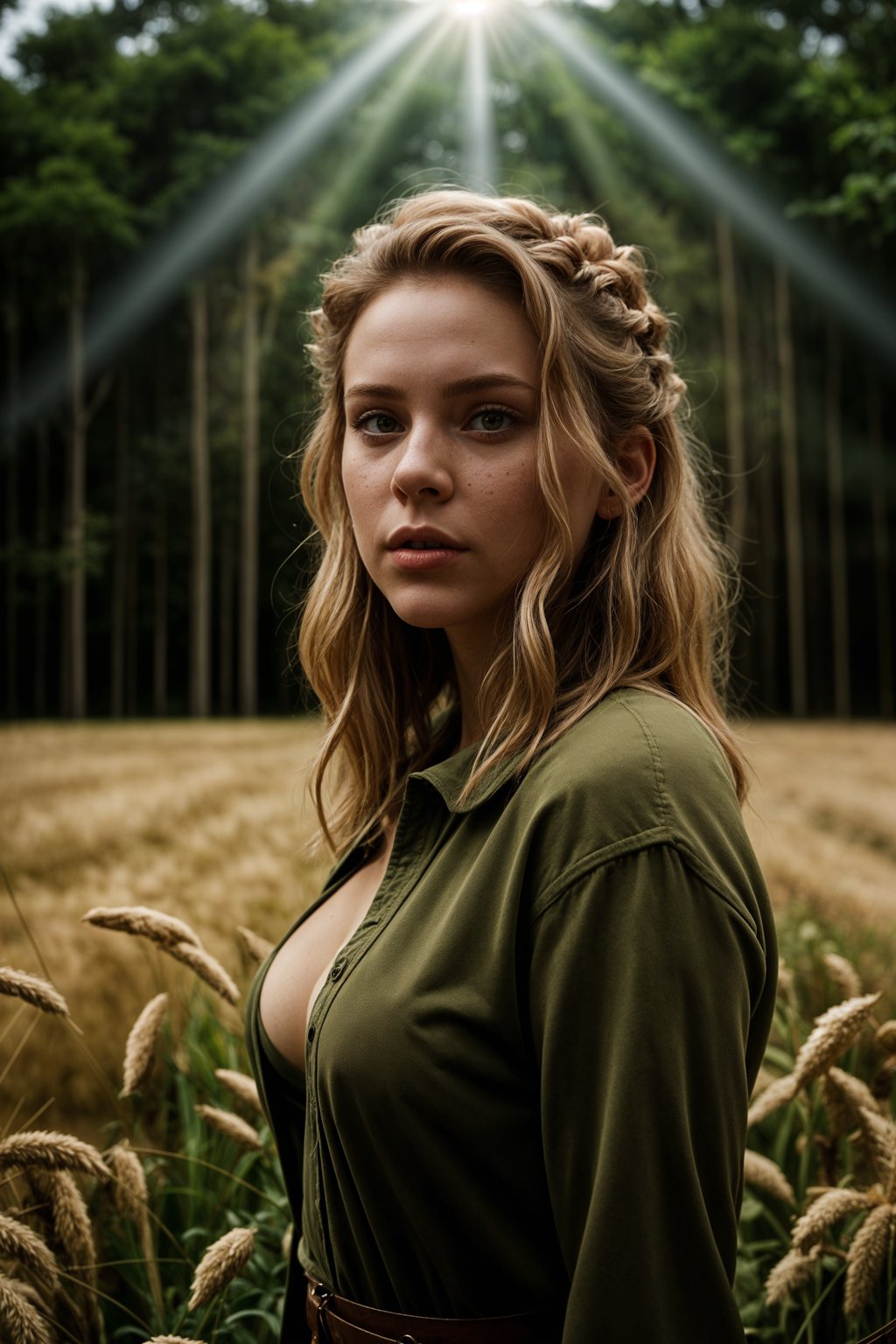 woman outside in nature in forest or jungle or a field of wheat enjoying the natural world