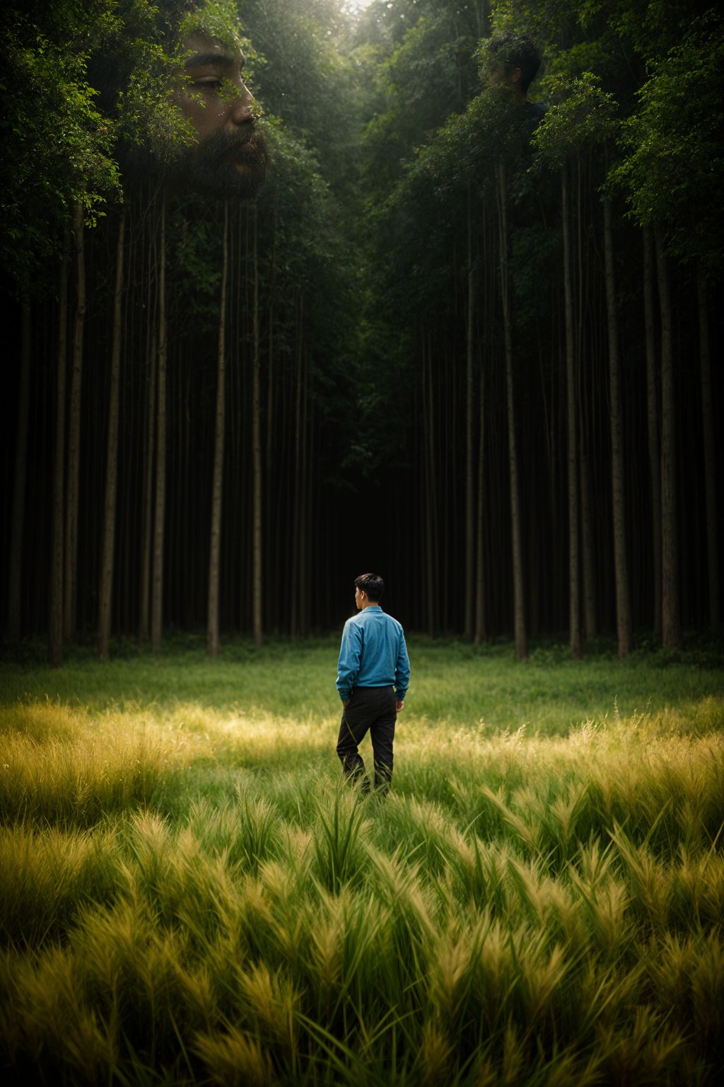 man outside in nature in forest or jungle or a field of wheat enjoying the natural world