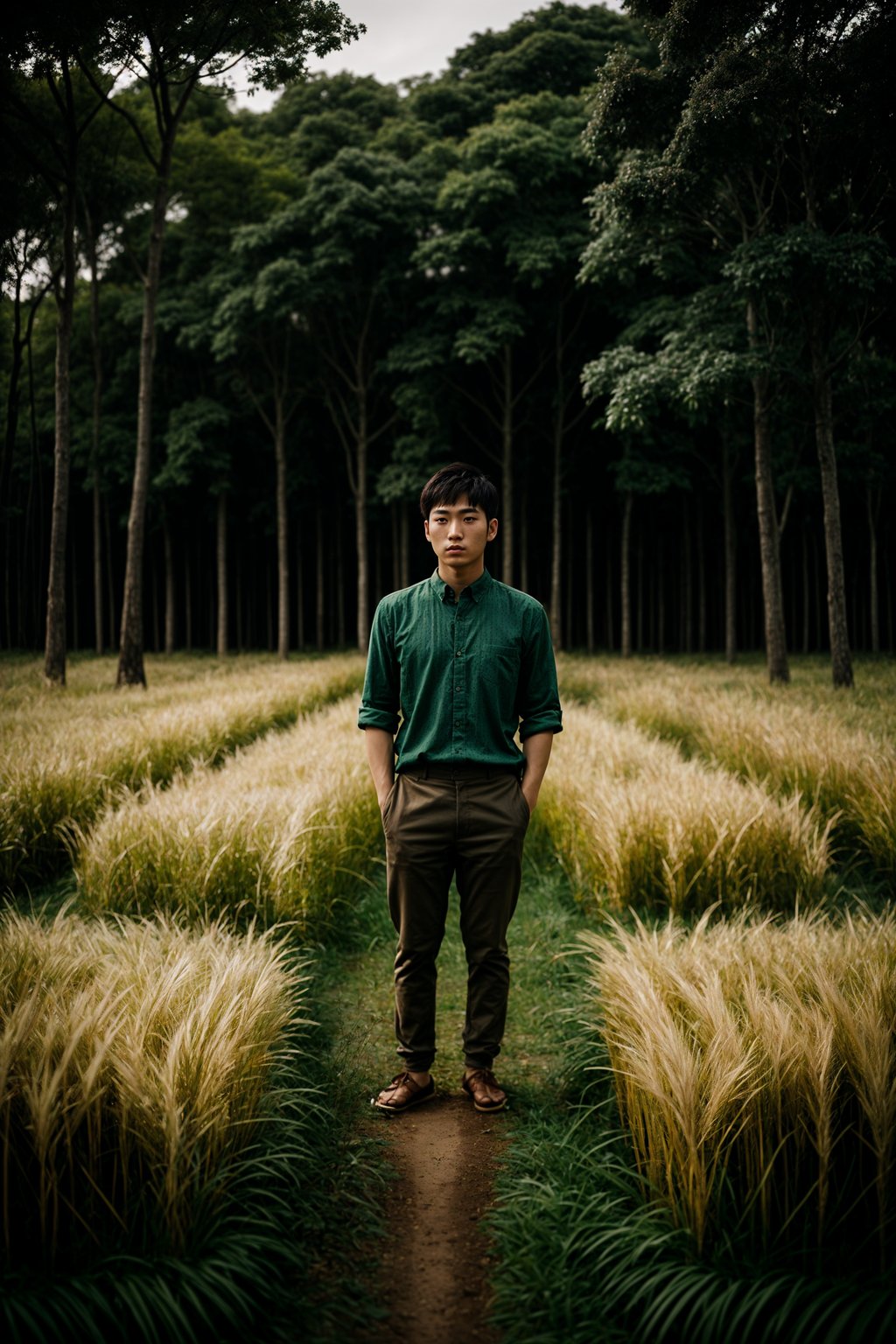 man outside in nature in forest or jungle or a field of wheat enjoying the natural world