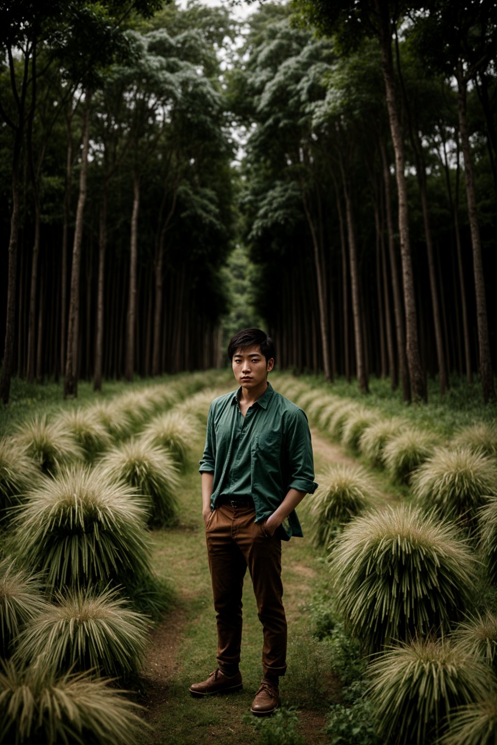 man outside in nature in forest or jungle or a field of wheat enjoying the natural world