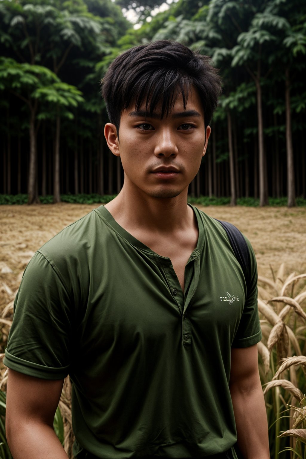 man outside in nature in forest or jungle or a field of wheat enjoying the natural world