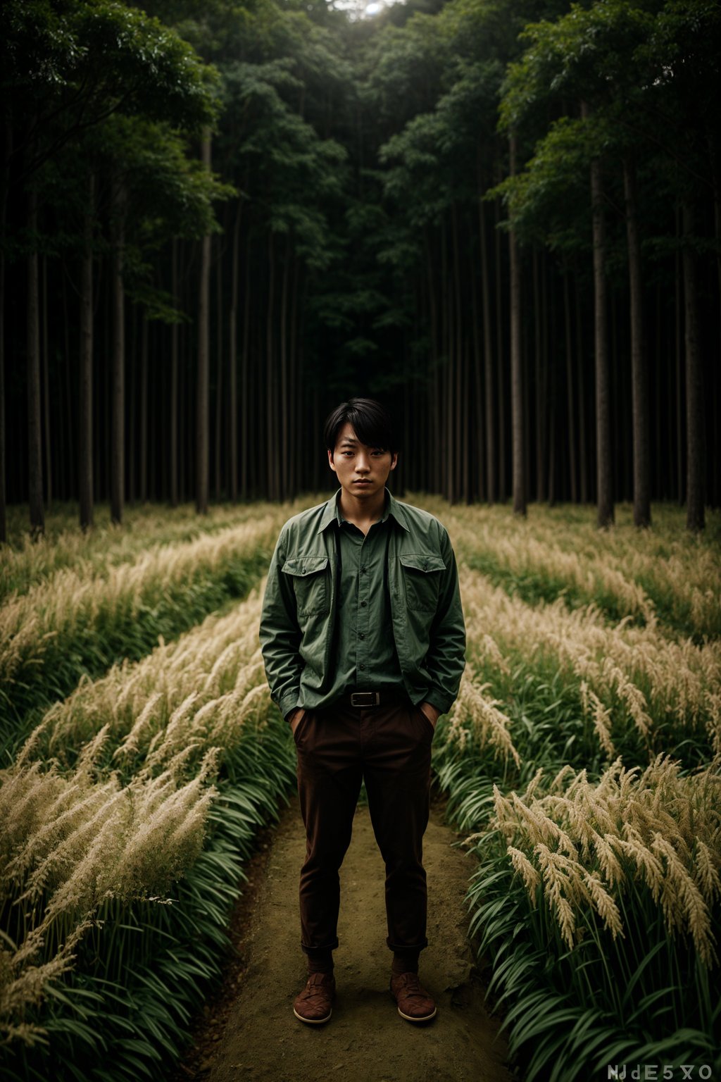 man outside in nature in forest or jungle or a field of wheat enjoying the natural world