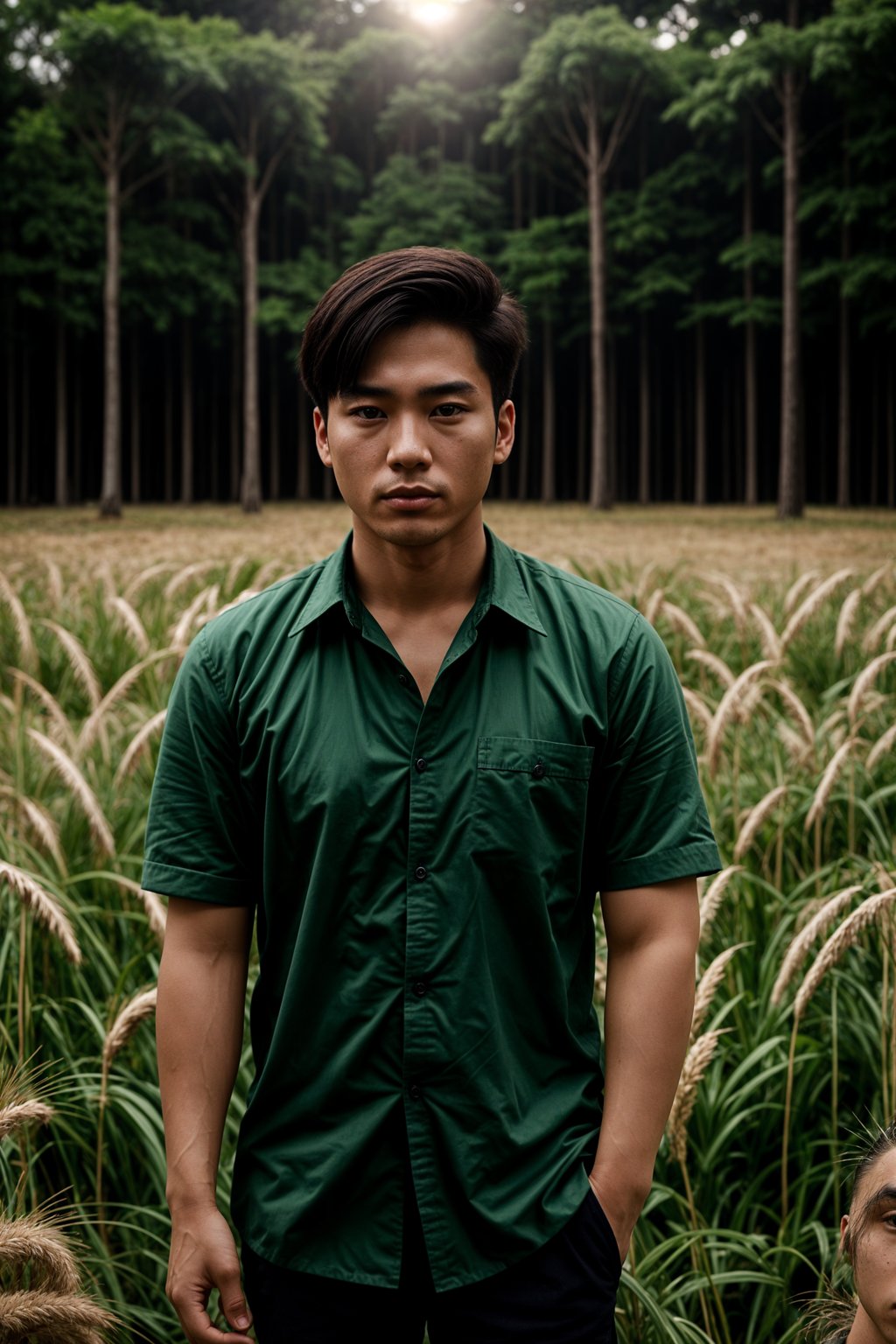 man outside in nature in forest or jungle or a field of wheat enjoying the natural world