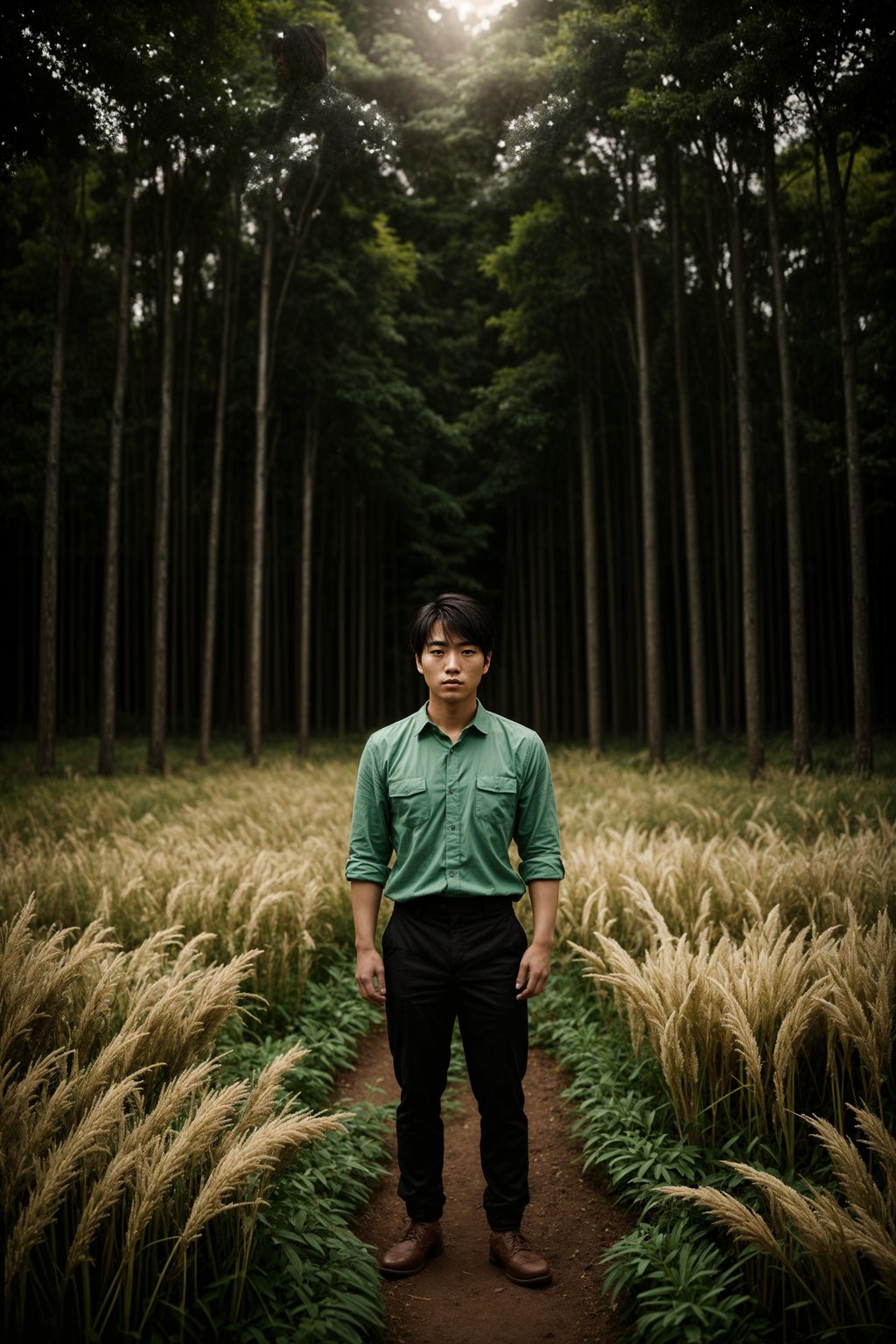 man outside in nature in forest or jungle or a field of wheat enjoying the natural world