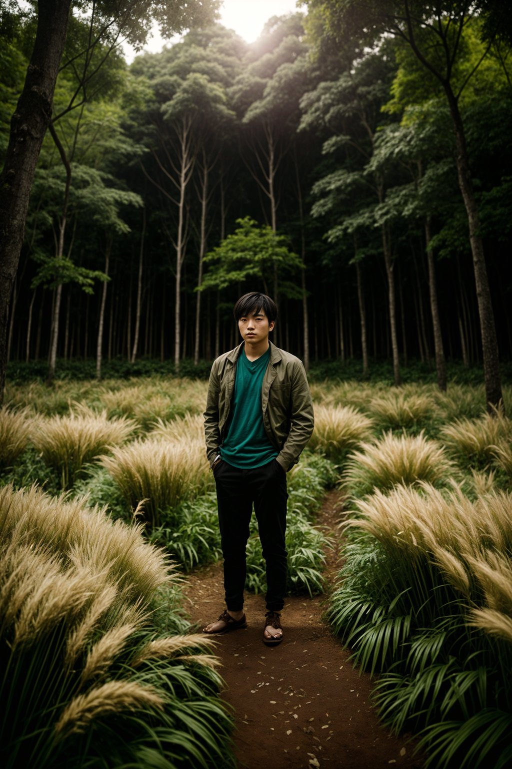 man outside in nature in forest or jungle or a field of wheat enjoying the natural world