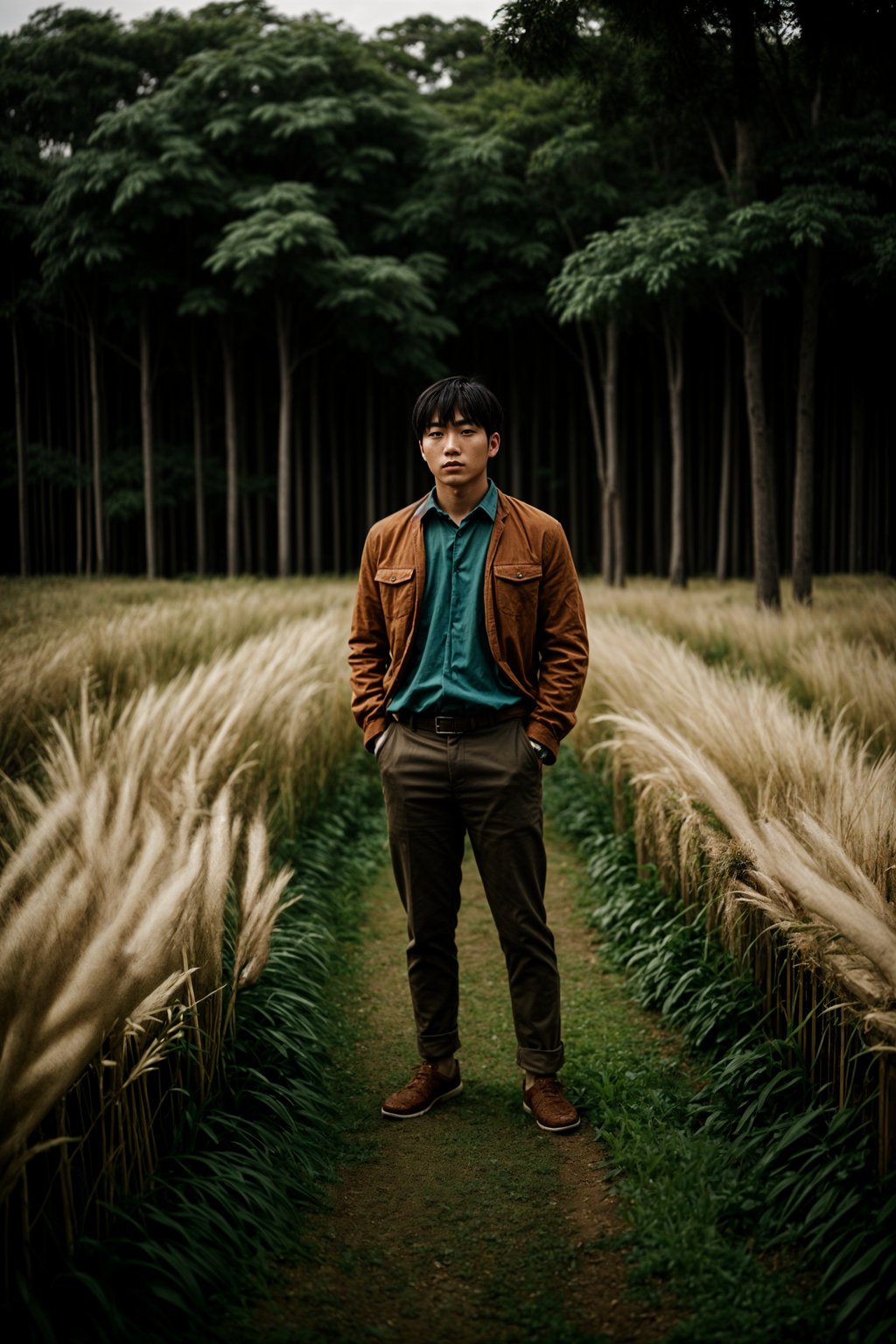 man outside in nature in forest or jungle or a field of wheat enjoying the natural world