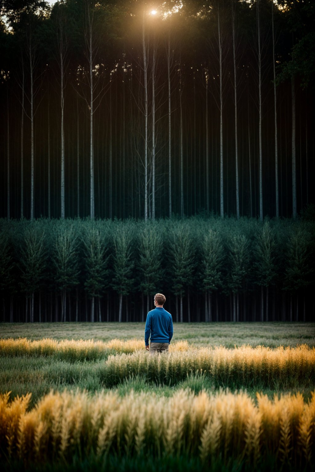 man outside in nature in forest or jungle or a field of wheat enjoying the natural world