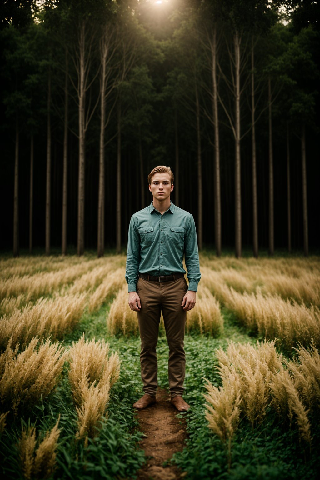 man outside in nature in forest or jungle or a field of wheat enjoying the natural world