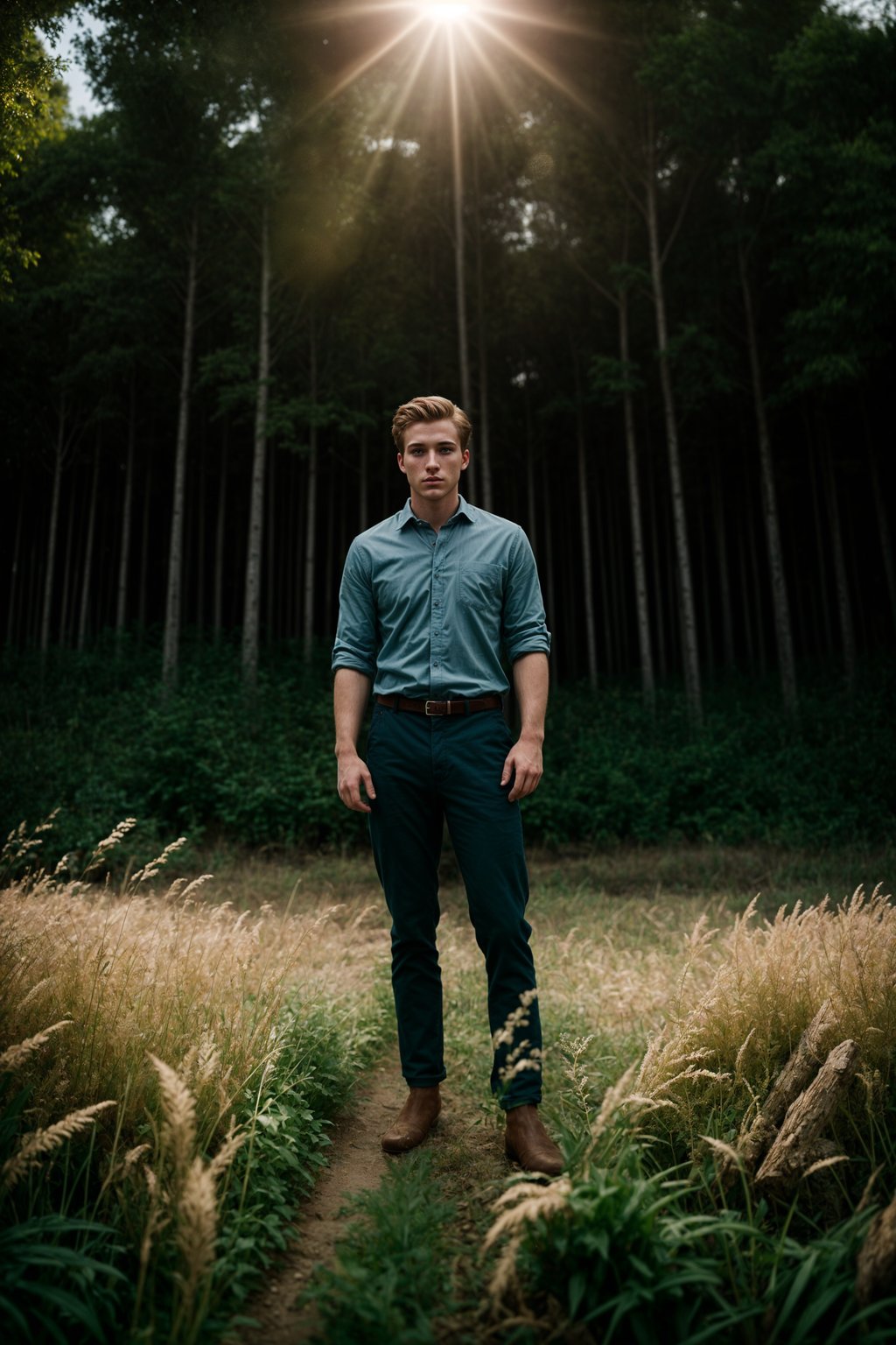 man outside in nature in forest or jungle or a field of wheat enjoying the natural world