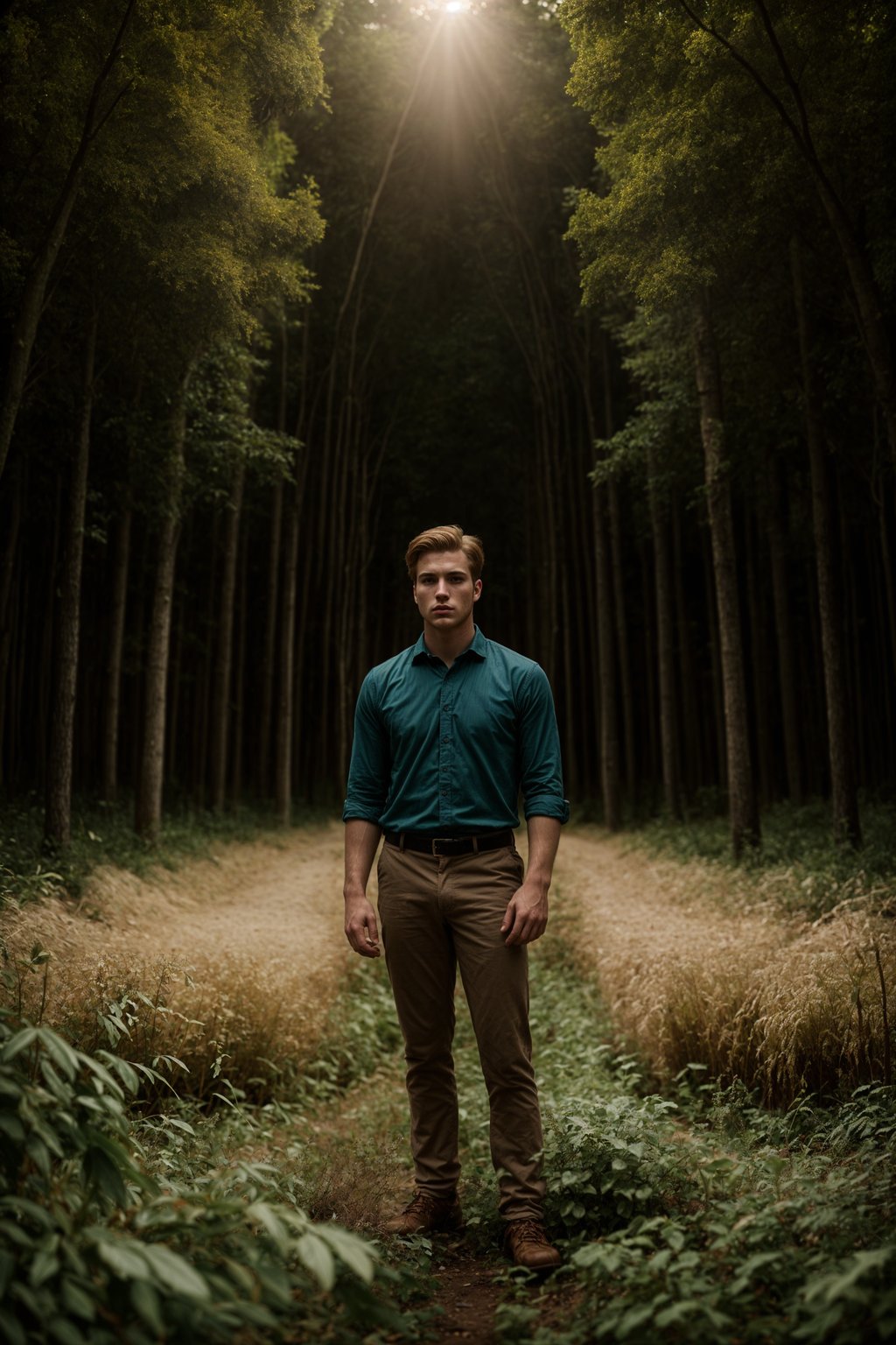 man outside in nature in forest or jungle or a field of wheat enjoying the natural world