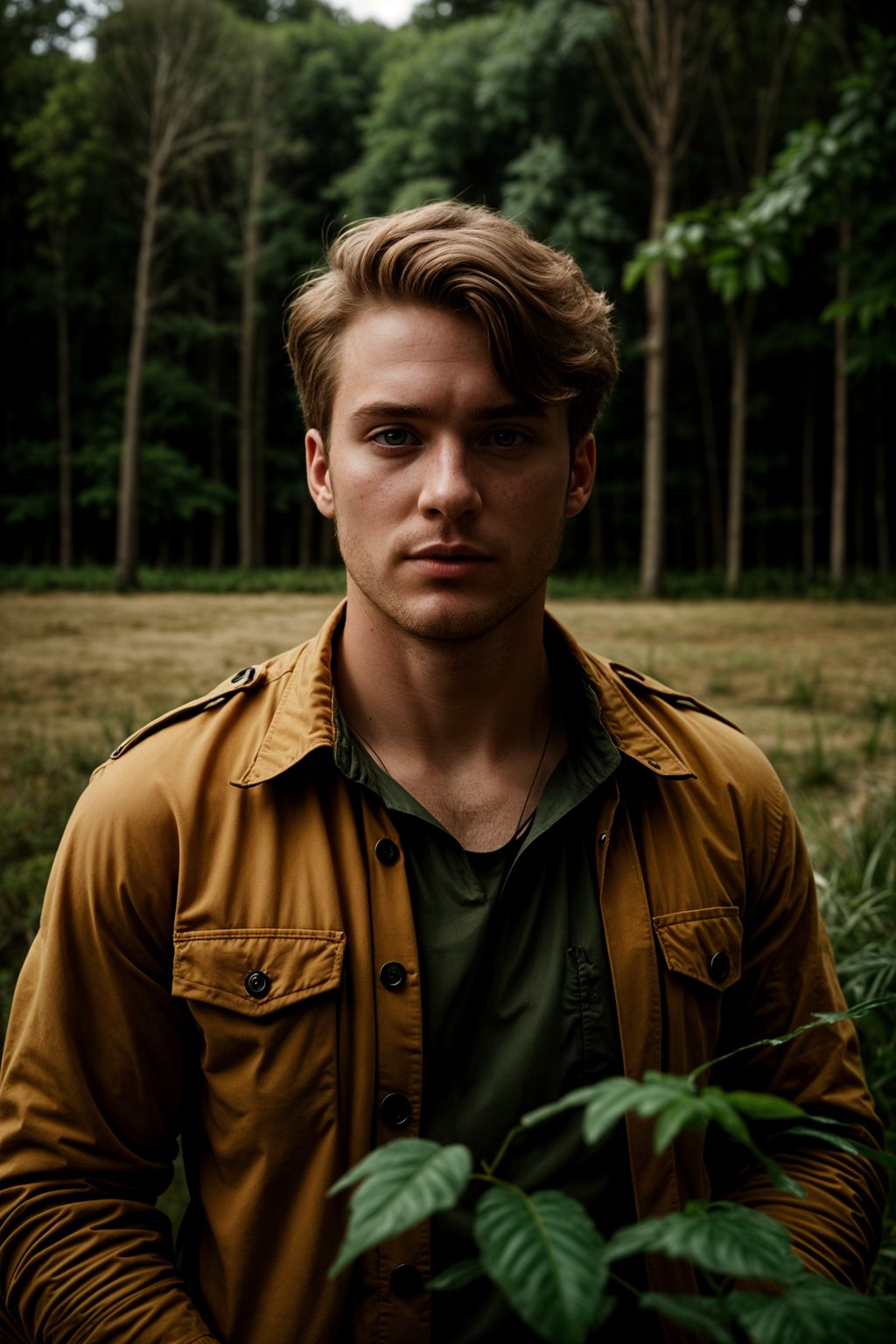 man outside in nature in forest or jungle or a field of wheat enjoying the natural world