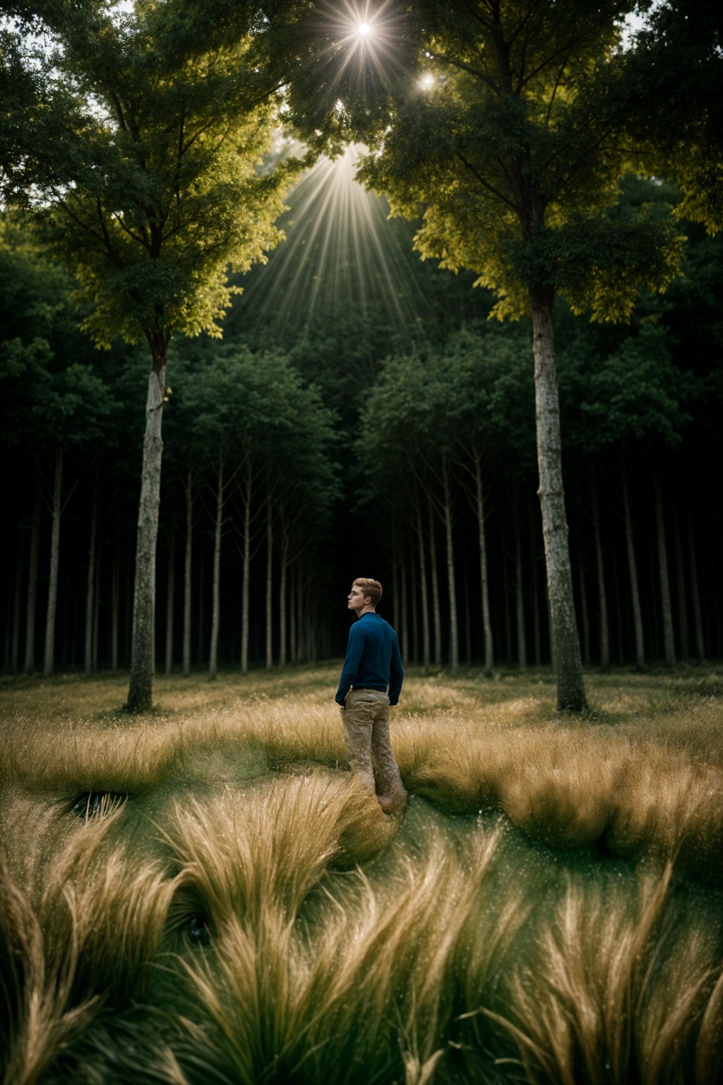 man outside in nature in forest or jungle or a field of wheat enjoying the natural world