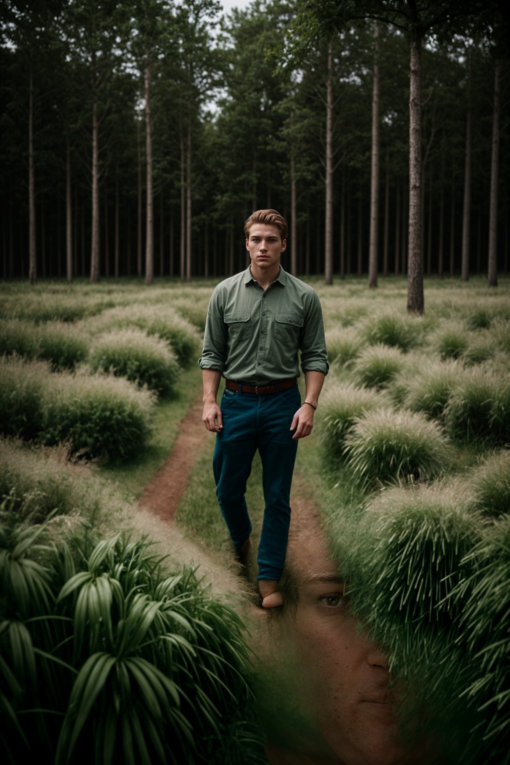 man outside in nature in forest or jungle or a field of wheat enjoying the natural world