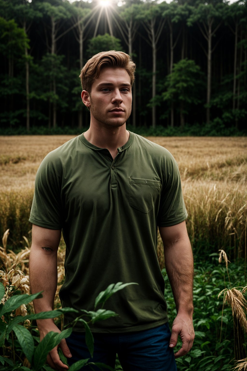 man outside in nature in forest or jungle or a field of wheat enjoying the natural world