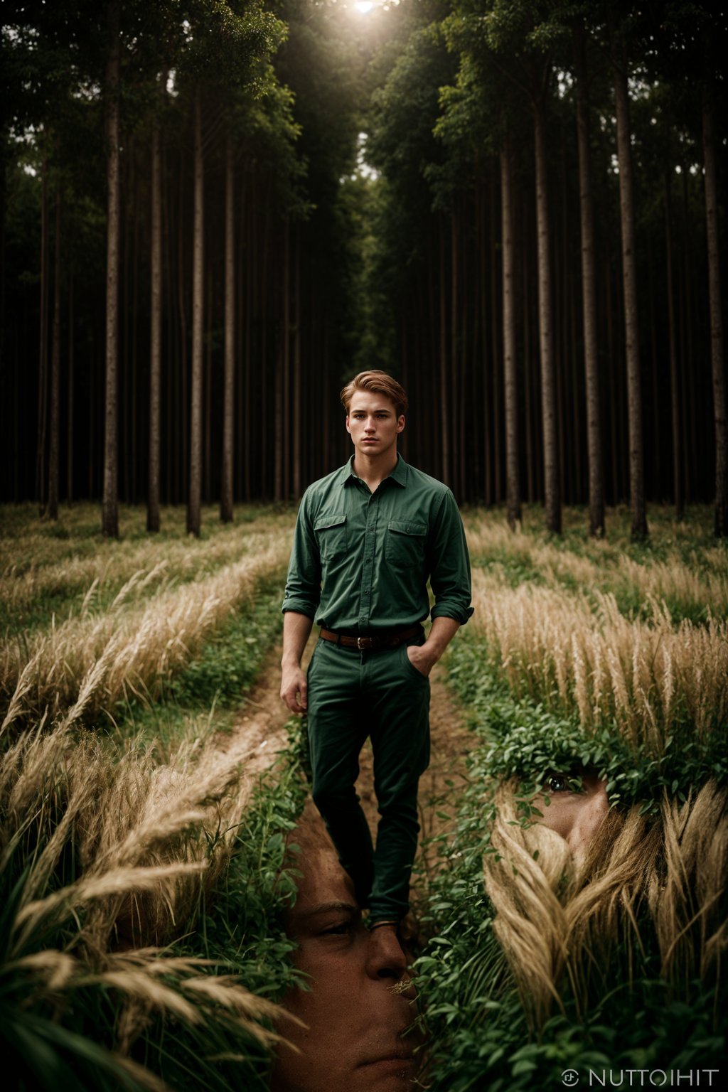 man outside in nature in forest or jungle or a field of wheat enjoying the natural world