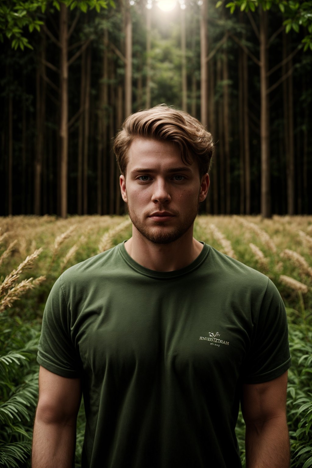 man outside in nature in forest or jungle or a field of wheat enjoying the natural world