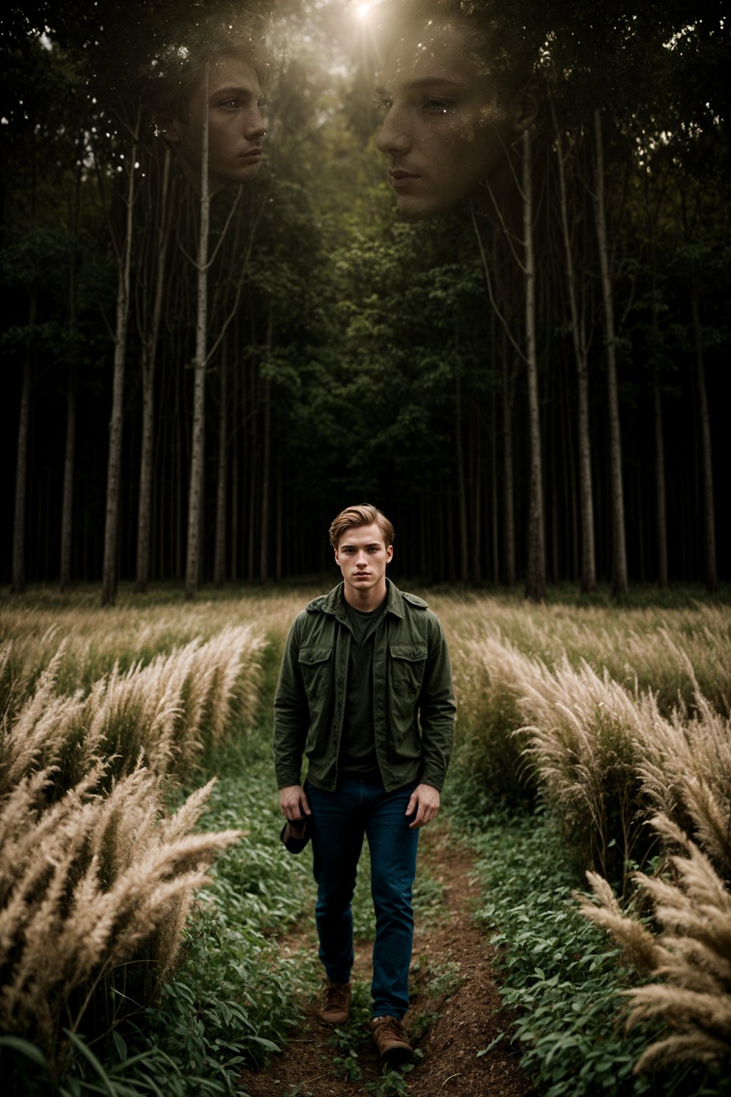 man outside in nature in forest or jungle or a field of wheat enjoying the natural world