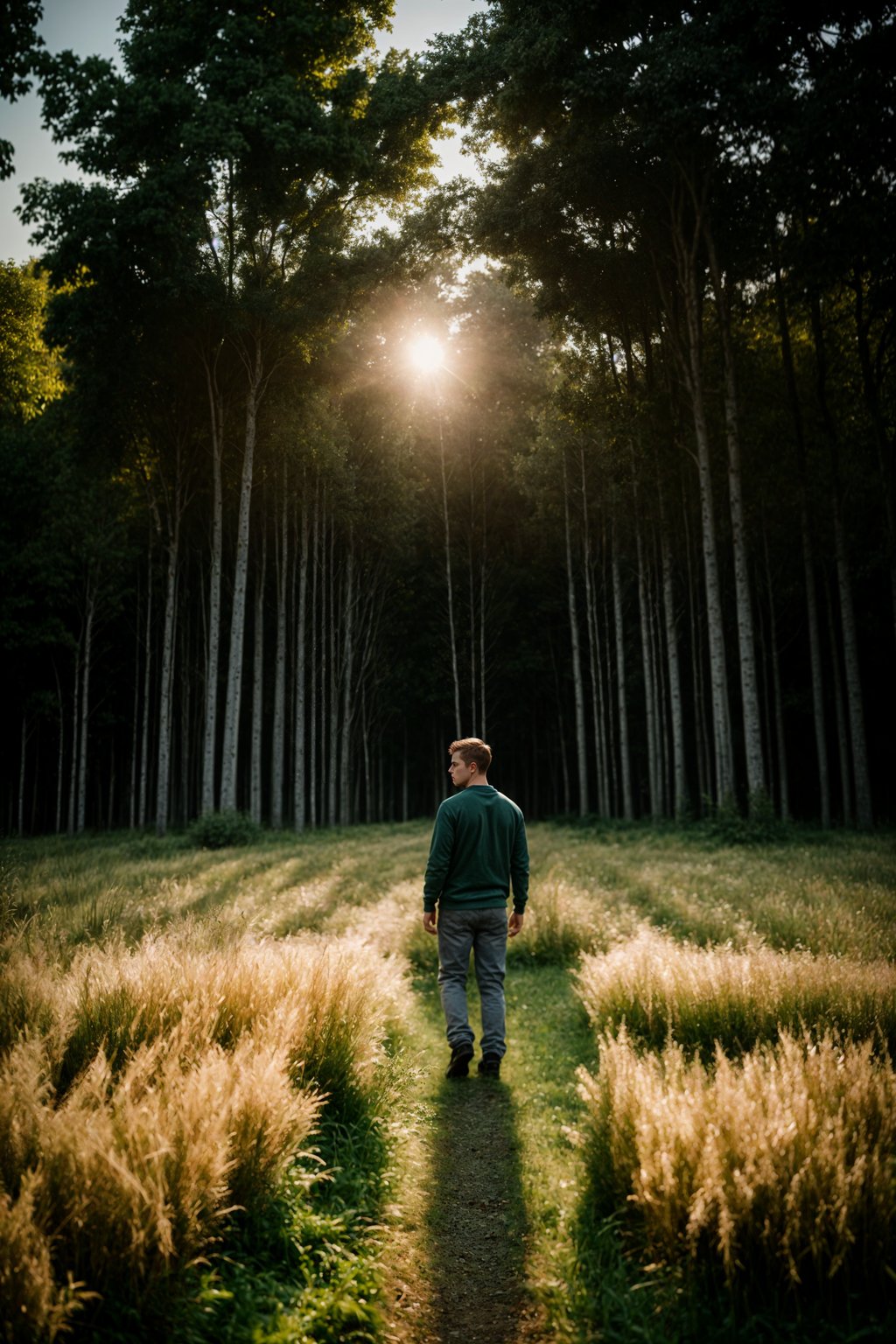 man outside in nature in forest or jungle or a field of wheat enjoying the natural world