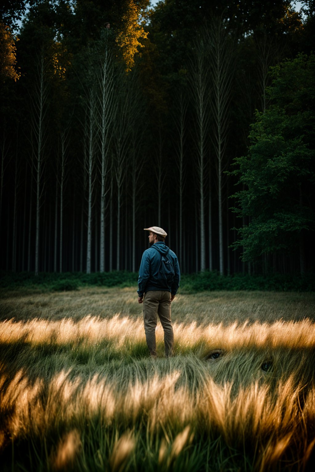 man outside in nature in forest or jungle or a field of wheat enjoying the natural world