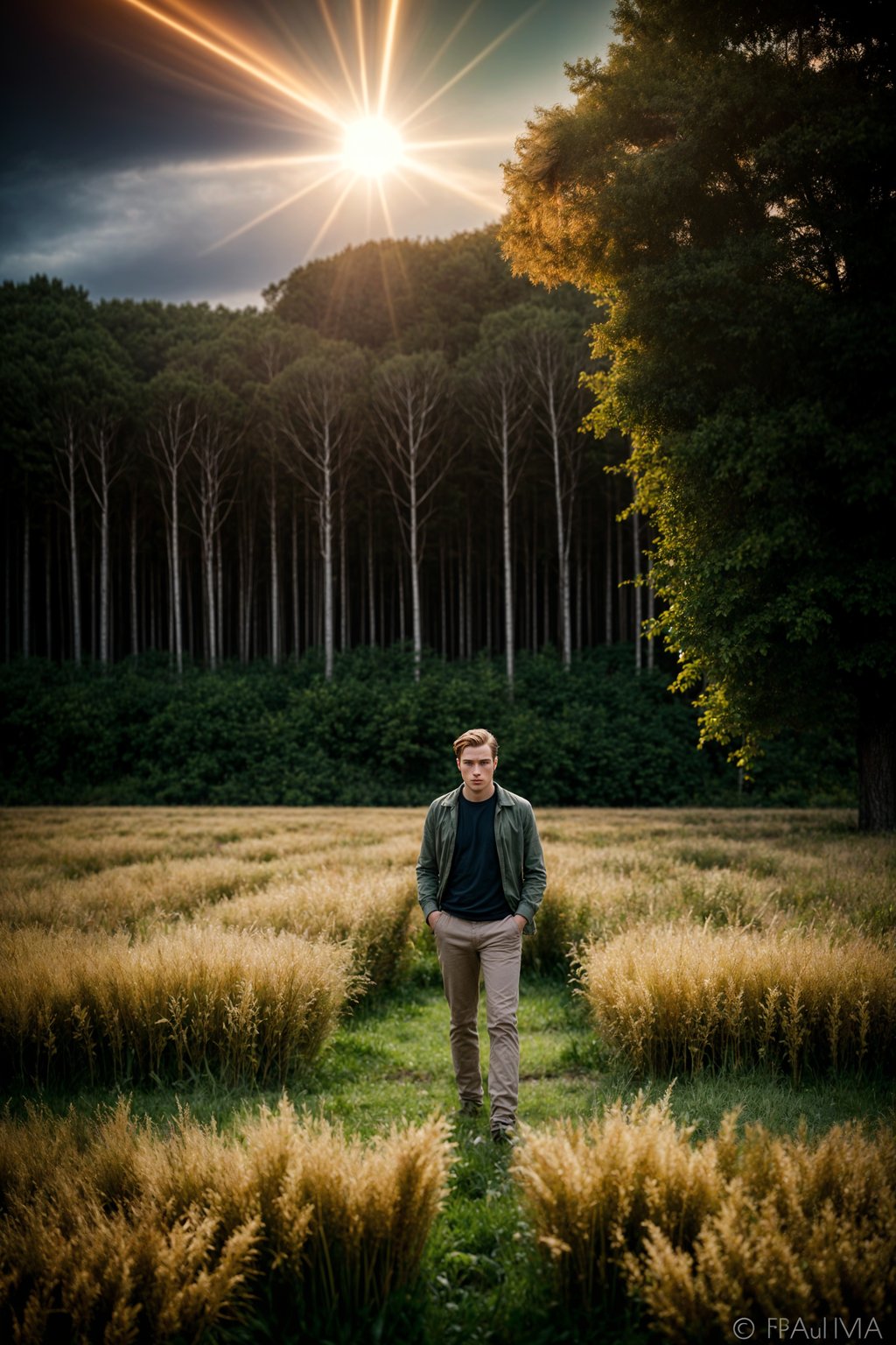 man outside in nature in forest or jungle or a field of wheat enjoying the natural world