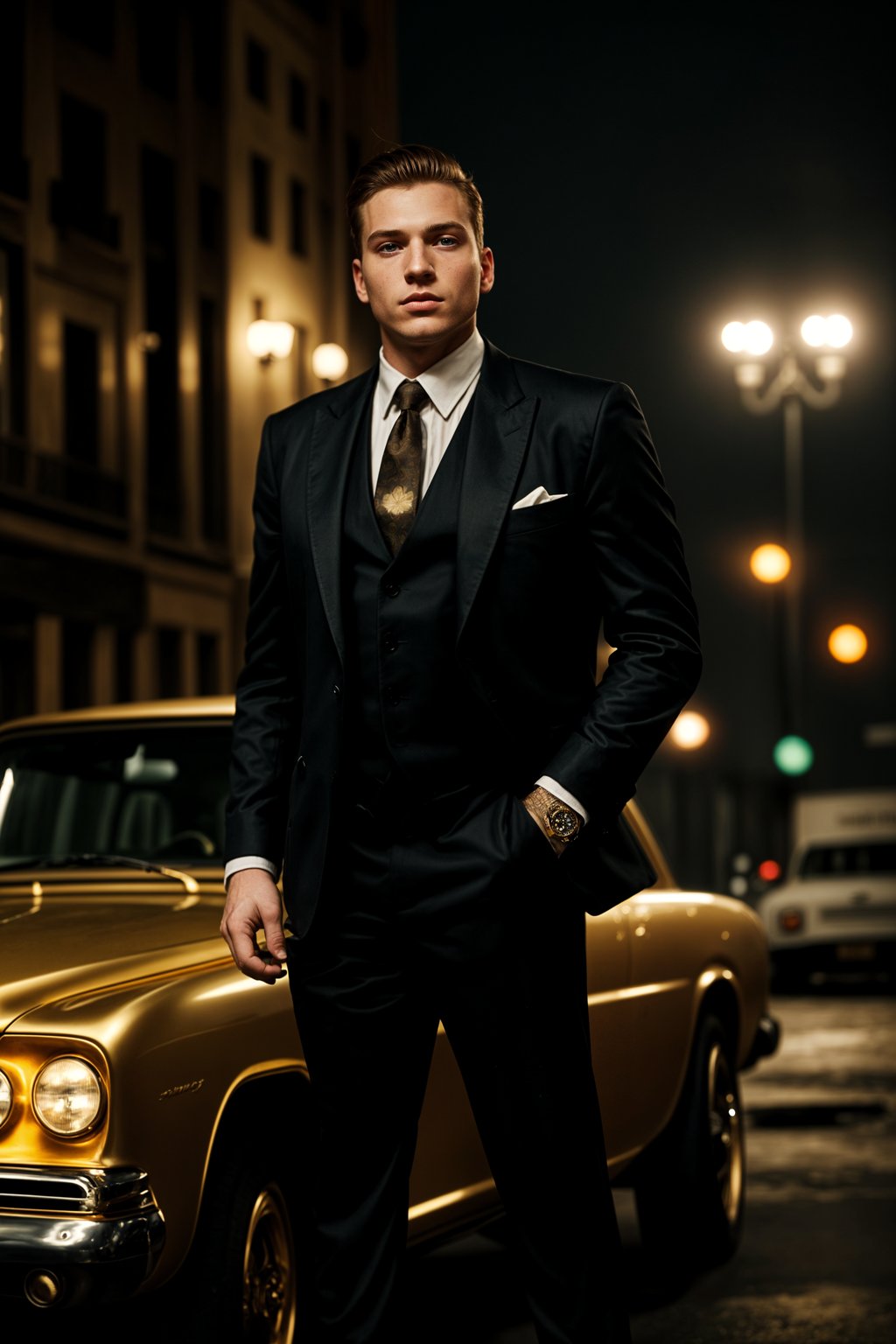 beautiful man as a mobster, mafia, mafia outfit, tailored suits, chunky gold jewelry, mafia aesthetic, flashy, glamorous, luxury, loud, Goodfellas, The Sopranos, Mob Wives, opulence, confidence