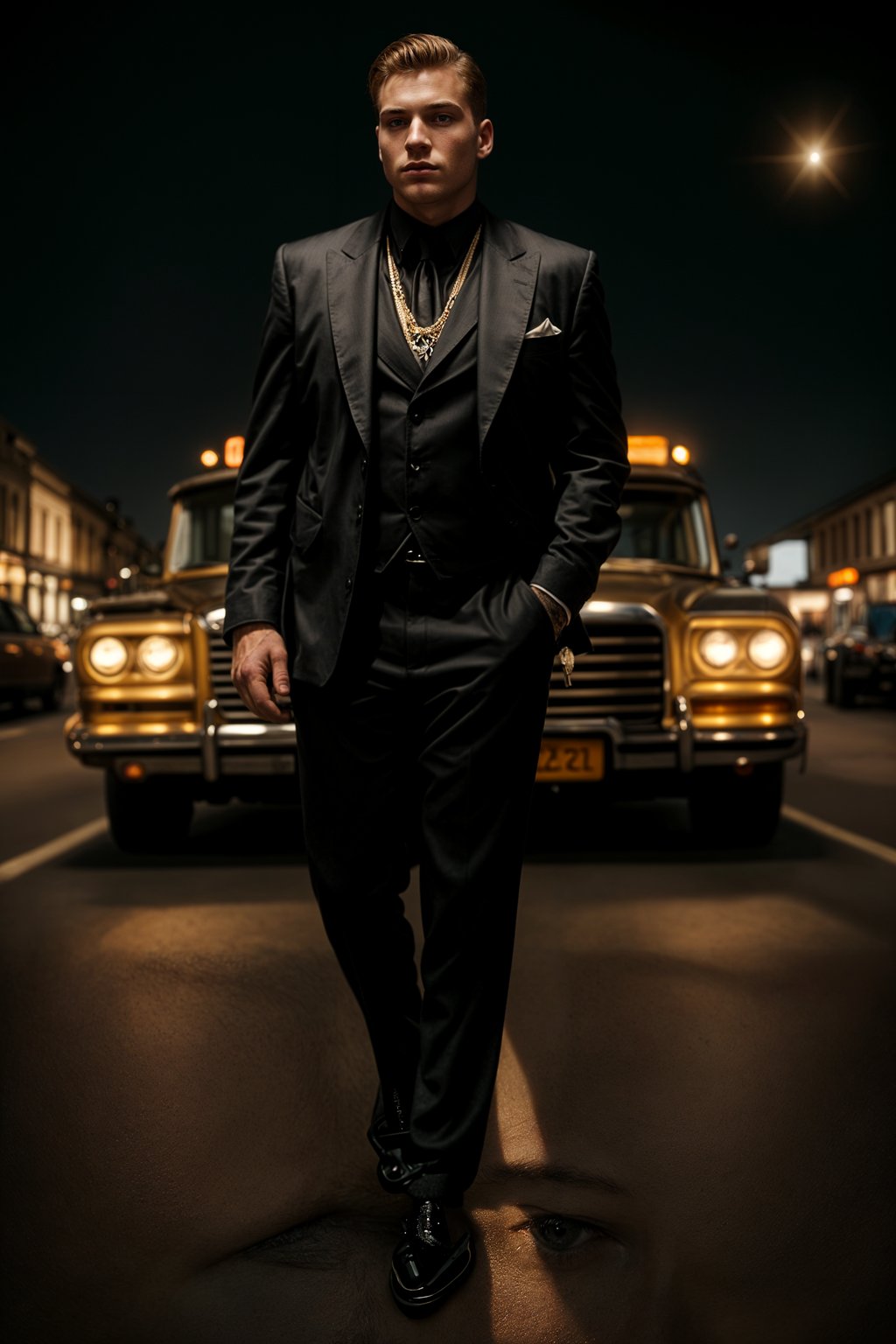 beautiful man as a mobster, mafia, mafia outfit, tailored suits, chunky gold jewelry, mafia aesthetic, flashy, glamorous, luxury, loud, Goodfellas, The Sopranos, Mob Wives, opulence, confidence