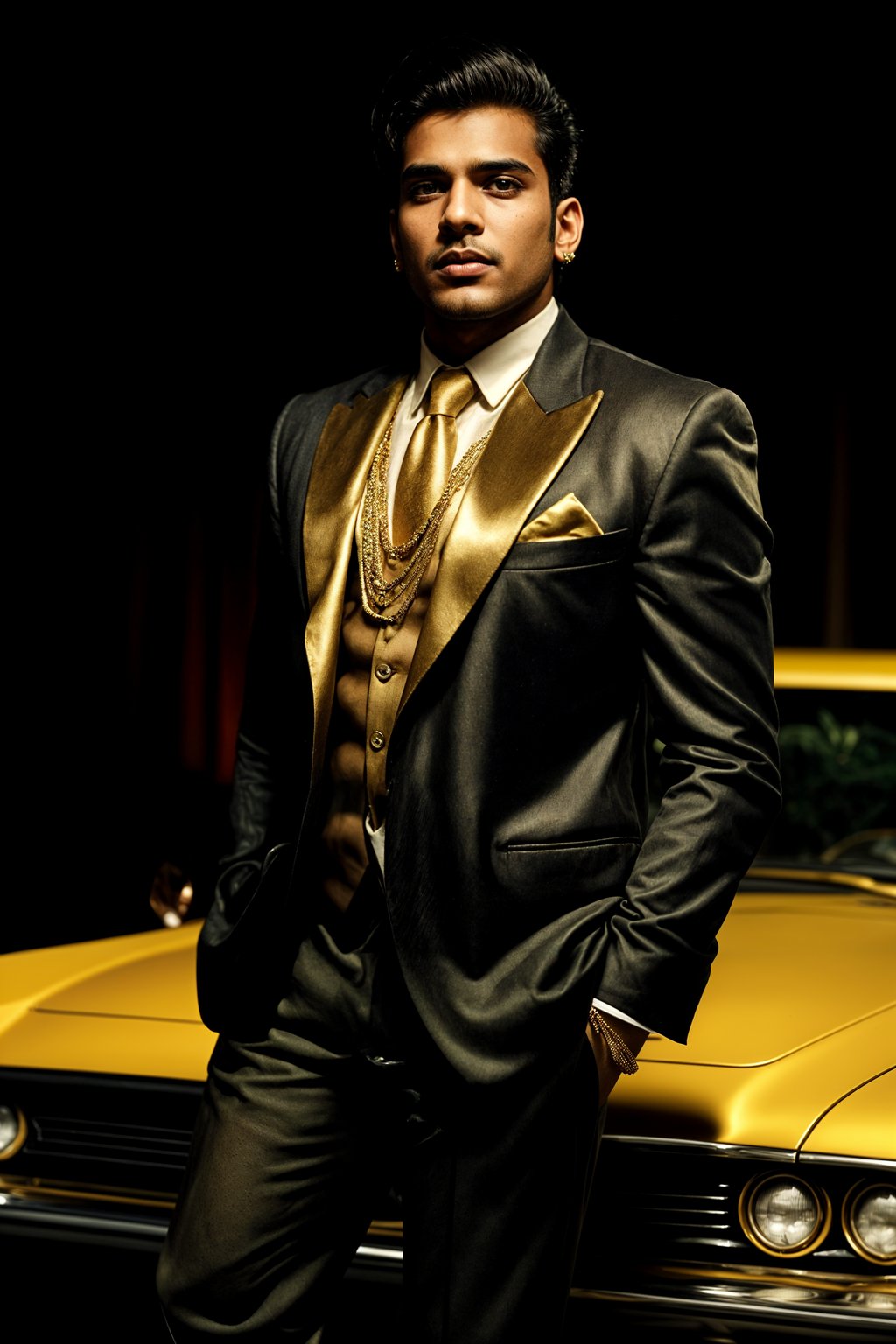 beautiful man as a mobster, mafia, mafia outfit, tailored suits, chunky gold jewelry, mafia aesthetic, flashy, glamorous, luxury, loud, Goodfellas, The Sopranos, Mob Wives, opulence, confidence