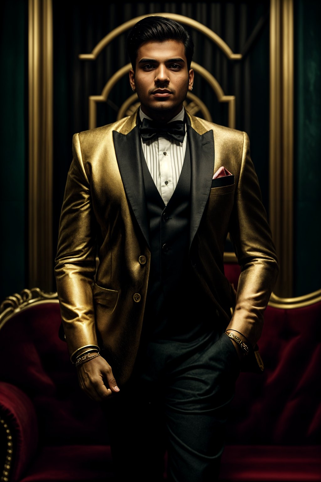 beautiful man as a mobster, mafia, mafia outfit, tailored suits, chunky gold jewelry, mafia aesthetic, flashy, glamorous, luxury, loud, Goodfellas, The Sopranos, Mob Wives, opulence, confidence