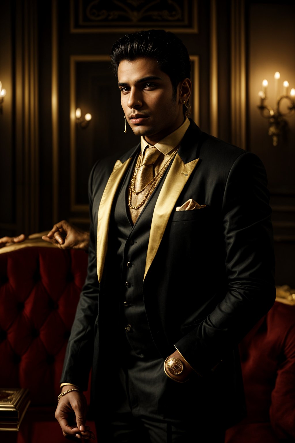 beautiful man as a mobster, mafia, mafia outfit, tailored suits, chunky gold jewelry, mafia aesthetic, flashy, glamorous, luxury, loud, Goodfellas, The Sopranos, Mob Wives, opulence, confidence