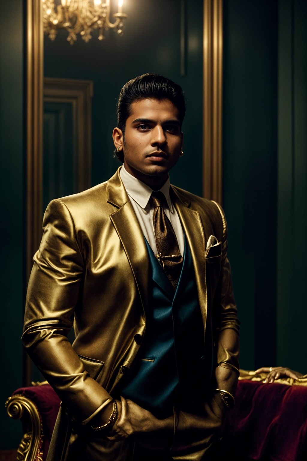 beautiful man as a mobster, mafia, mafia outfit, tailored suits, chunky gold jewelry, mafia aesthetic, flashy, glamorous, luxury, loud, Goodfellas, The Sopranos, Mob Wives, opulence, confidence