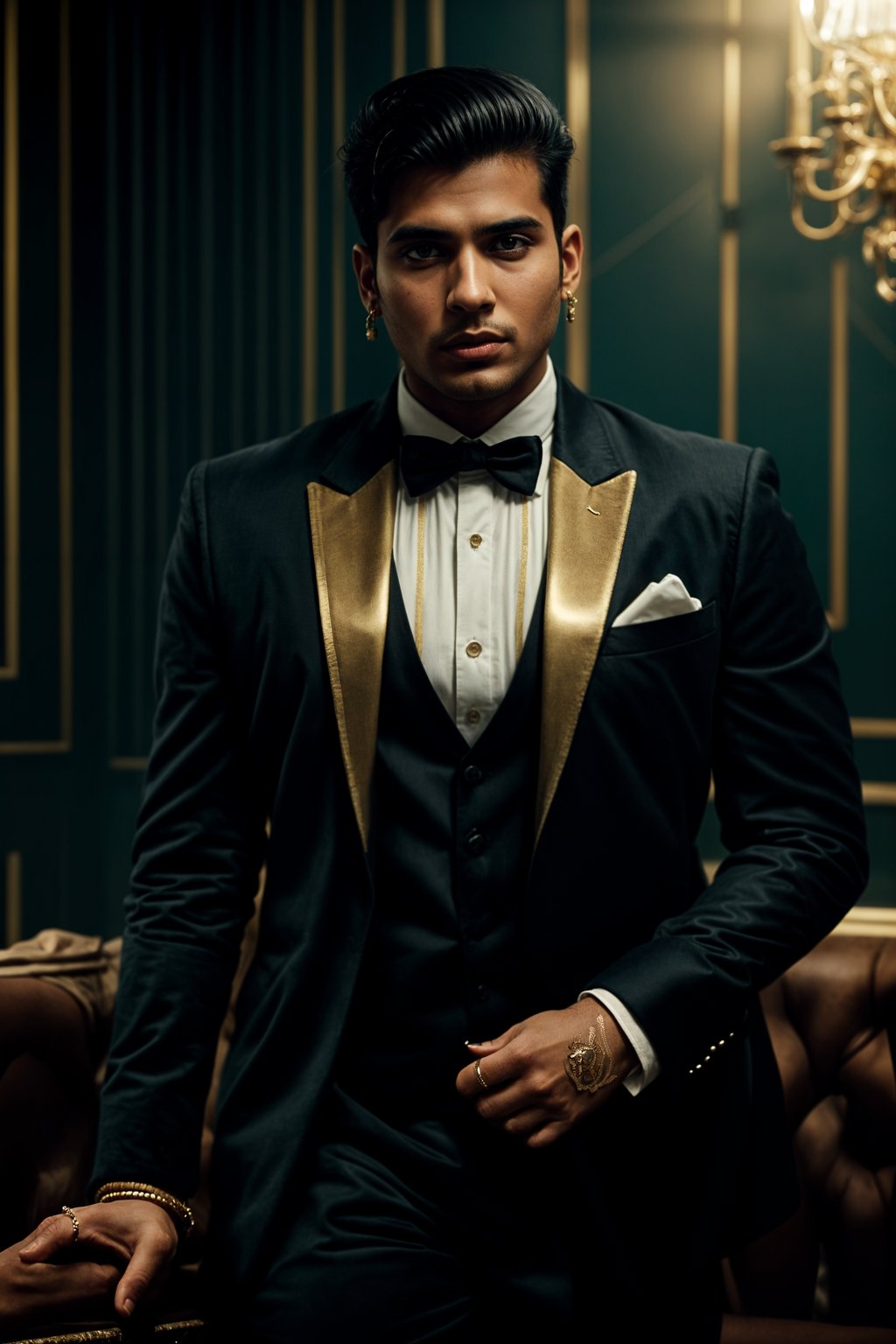 beautiful man as a mobster, mafia, mafia outfit, tailored suits, chunky gold jewelry, mafia aesthetic, flashy, glamorous, luxury, loud, Goodfellas, The Sopranos, Mob Wives, opulence, confidence