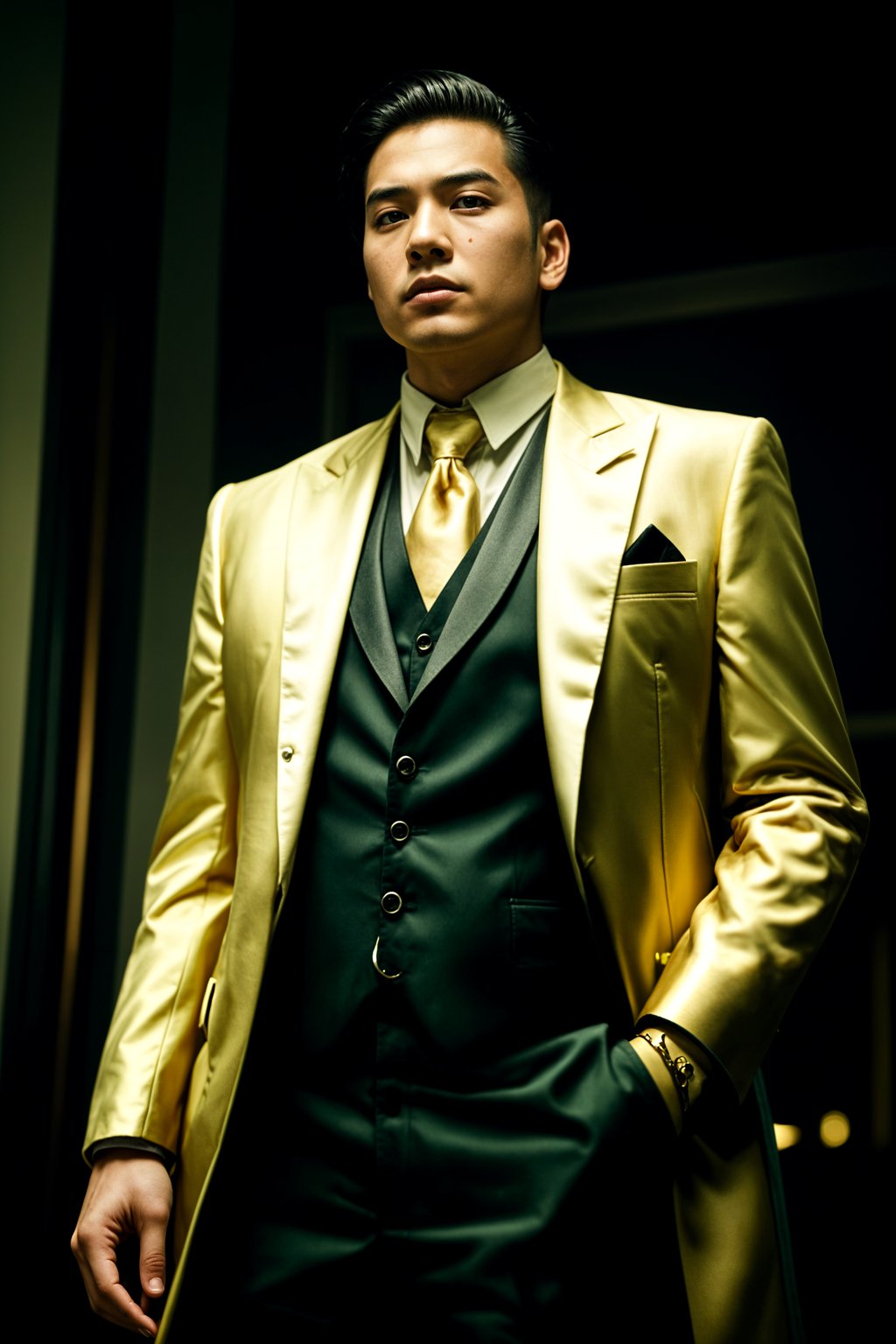 beautiful man as a mobster, mafia, mafia outfit, tailored suits, chunky gold jewelry, mafia aesthetic, flashy, glamorous, luxury, loud, Goodfellas, The Sopranos, Mob Wives, opulence, confidence