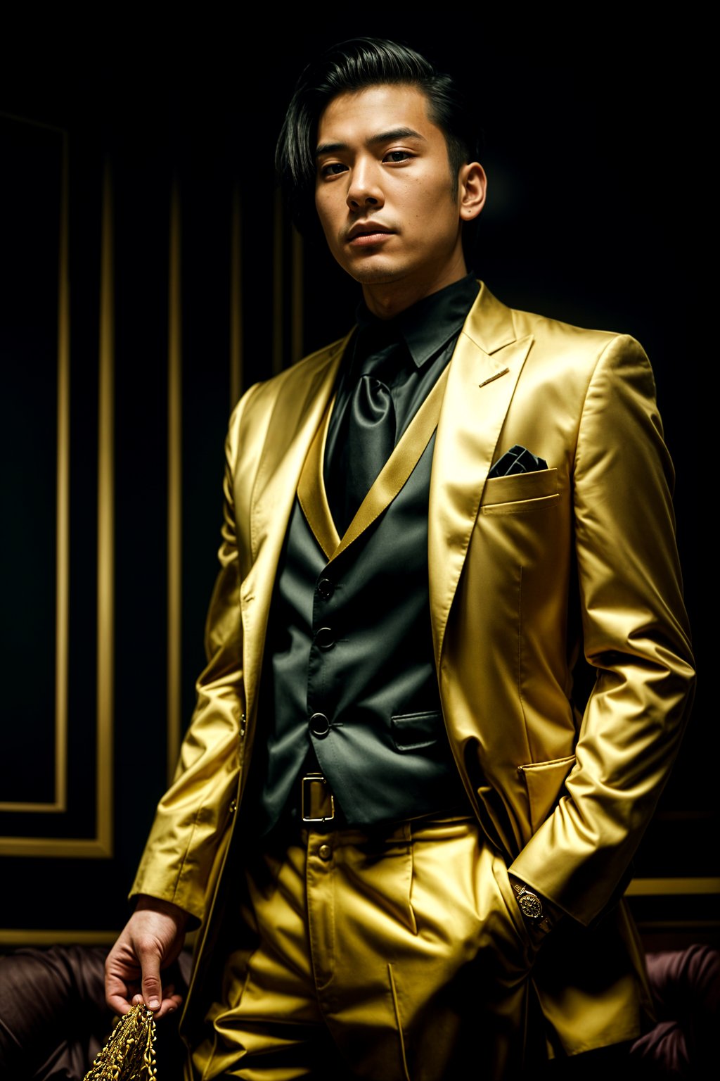 beautiful man as a mobster, mafia, mafia outfit, tailored suits, chunky gold jewelry, mafia aesthetic, flashy, glamorous, luxury, loud, Goodfellas, The Sopranos, Mob Wives, opulence, confidence