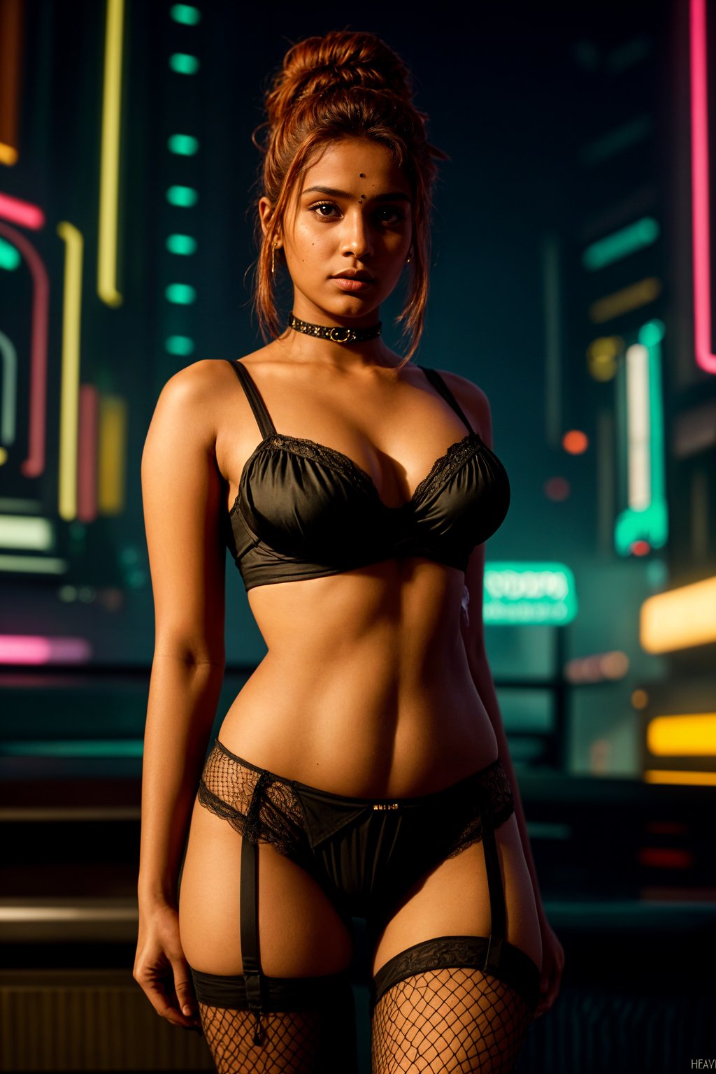 a detailed portrait of intelligent woman actress standing in street wearing fishnet stockings garters suspenders black lingerie silk lingerie black, in a cyberpunk bladerunner vaporwave city, (cyberpunk), city from year 2300, red lights neon, blonde double hair bun