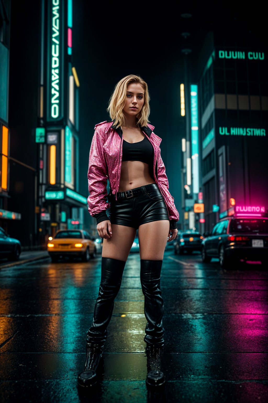 a detailed portrait of hot sexy woman actress wearing jacket, standing in street pose for photo, confident, in a cyberpunk bladerunner vaporwave city, (cyberpunk), city from year 2300