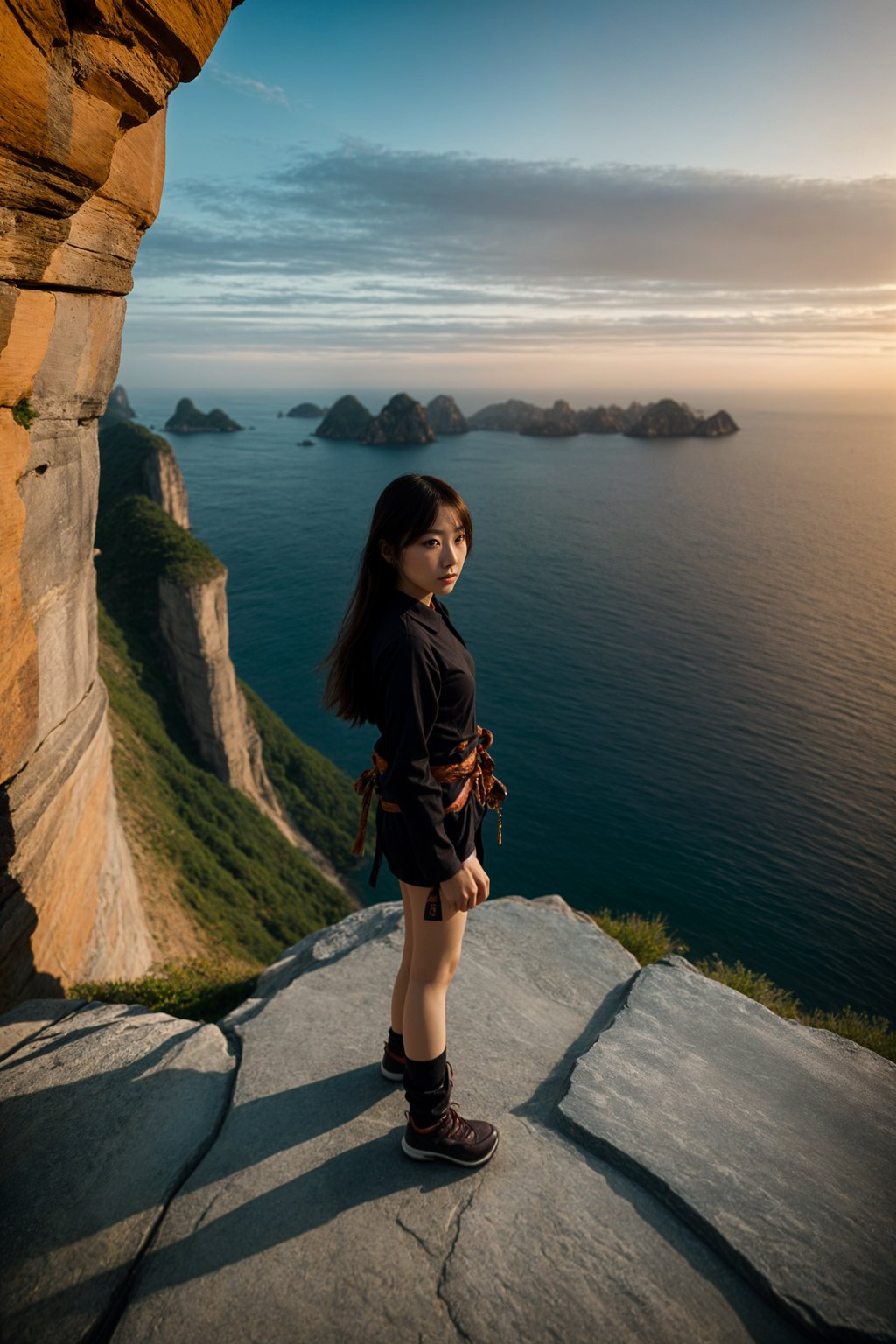 woman as adventurer rock climbing a daunting cliff with a breathtaking sea view