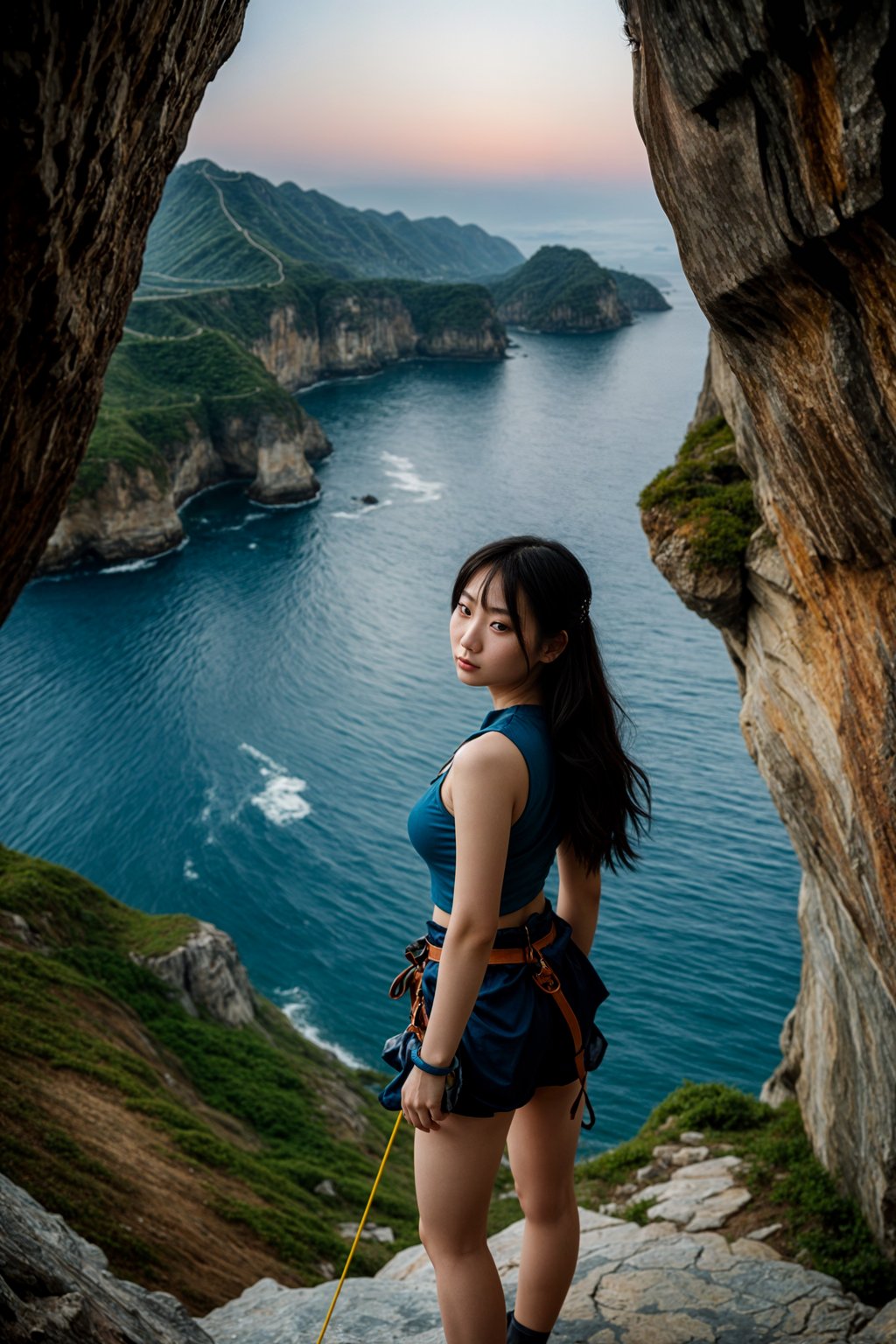 woman as adventurer rock climbing a daunting cliff with a breathtaking sea view