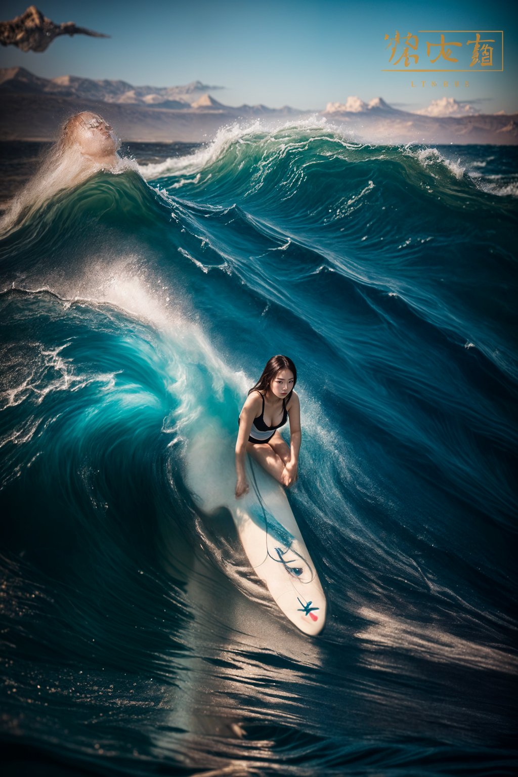 woman as individual surfing a massive wave in a clear, blue ocean